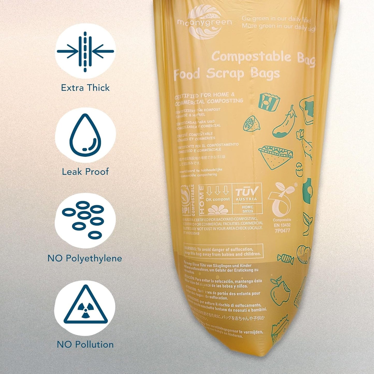 Compost Bags, Trash Bags 3 Gallon, Extra Thick, US BPI ASTM D6400 Certified Compostable Food Scrap Kitchen Waste Bags, 100 Count