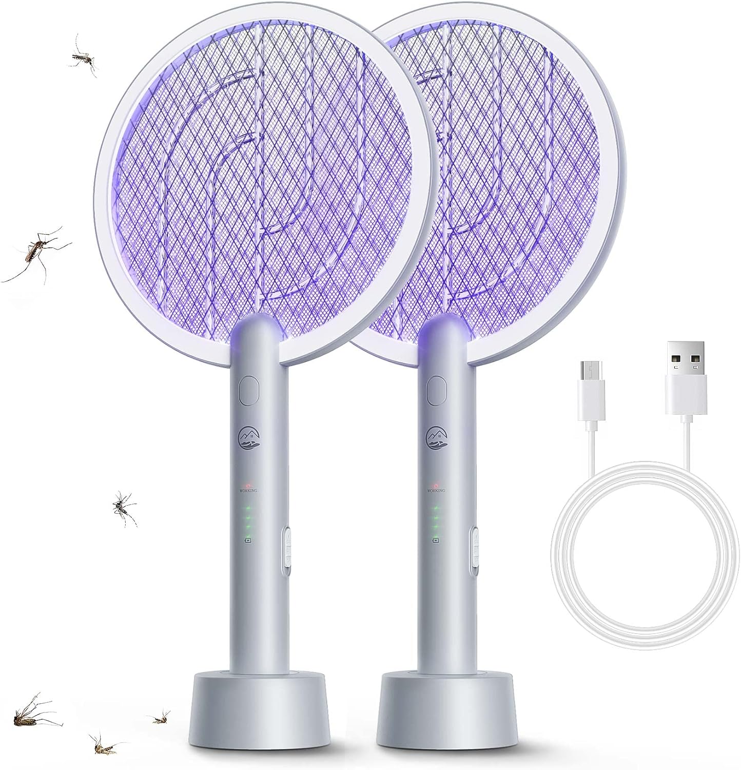 Electric Fly Swatter Racket, 2 in 1 Bug Zapper with USB Rechargeable Base, 4000 Volt Mosquito Killer with 3-Layer Safety Mesh for Pest Insect Control for Indoor、Office、Backyard、Camping（Gray-2 Pack）