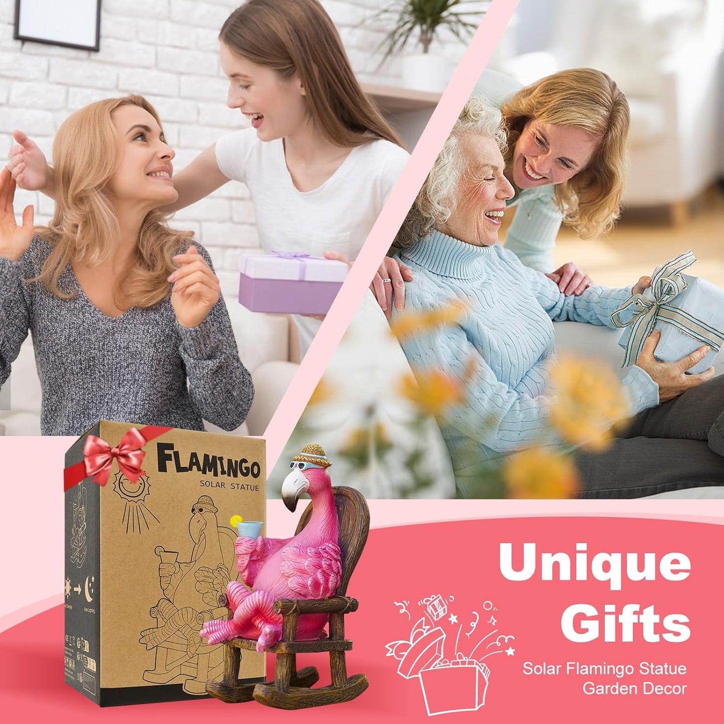 Solar Flamingo Statue for Outdoor Garden Decor - Resin Flamingo Fairy Garden Decor - Suitable for Home Desk Garden Lawn Patio Porch Decor, Unique Gifts for Mom Grandma (8.1 inch)