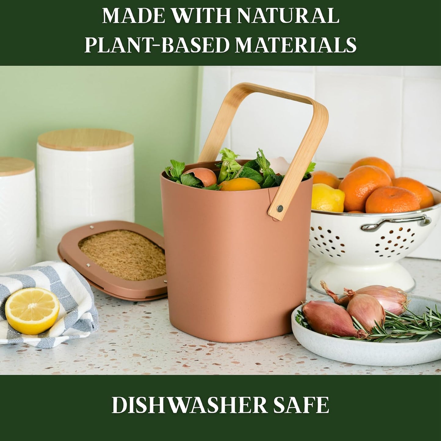 Bamboozle Countertop Compost Bin Kitchen | 1 Gallon | Odorless Composting Bin with Filters | Indoor Compost Bin with Lid | Plant Based Kitchen Composter for Food Scraps & Waste Recycling | Forest