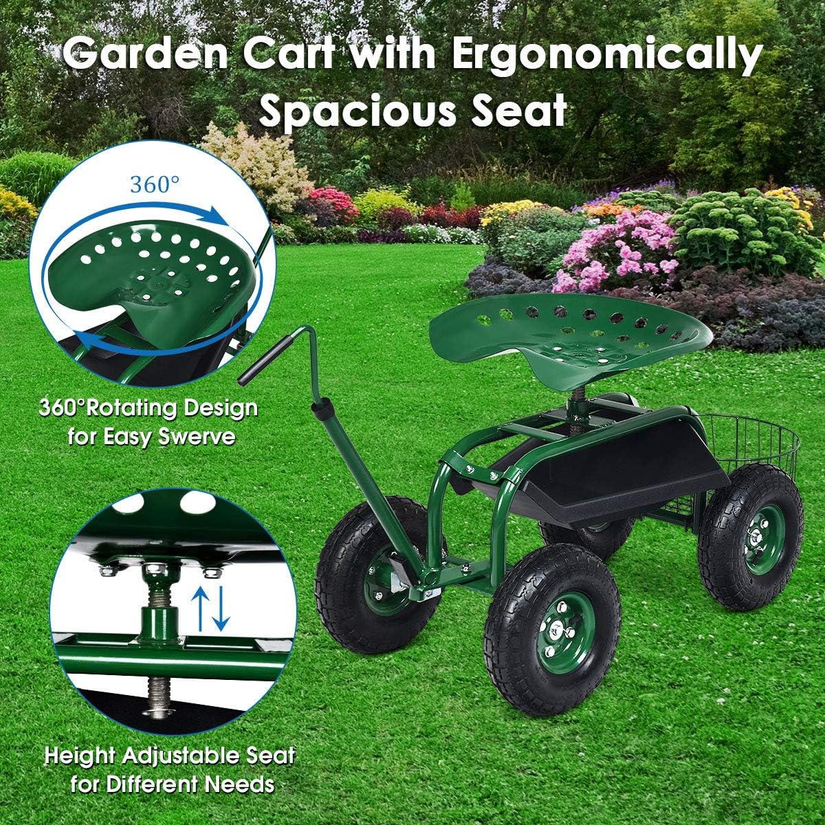 Goplus Rolling Garden Seat with Wheels, Outdoor Gardening Scooter with 360° Swivel Seat, Tool Tray & Basket, Adjustable Steering Handle for Lawn, Gardening Stool, Garden Cart for Planting