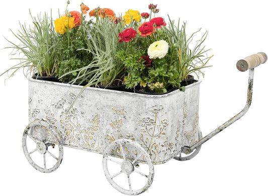 Flower Cart with Wooden Handles, Metal Wagon Planters for Outdoor Plants, Garden Planter with Wagon Wheels, Decorative Wheelbarrow, Plant Cart for Patio Garden Balcony (White)