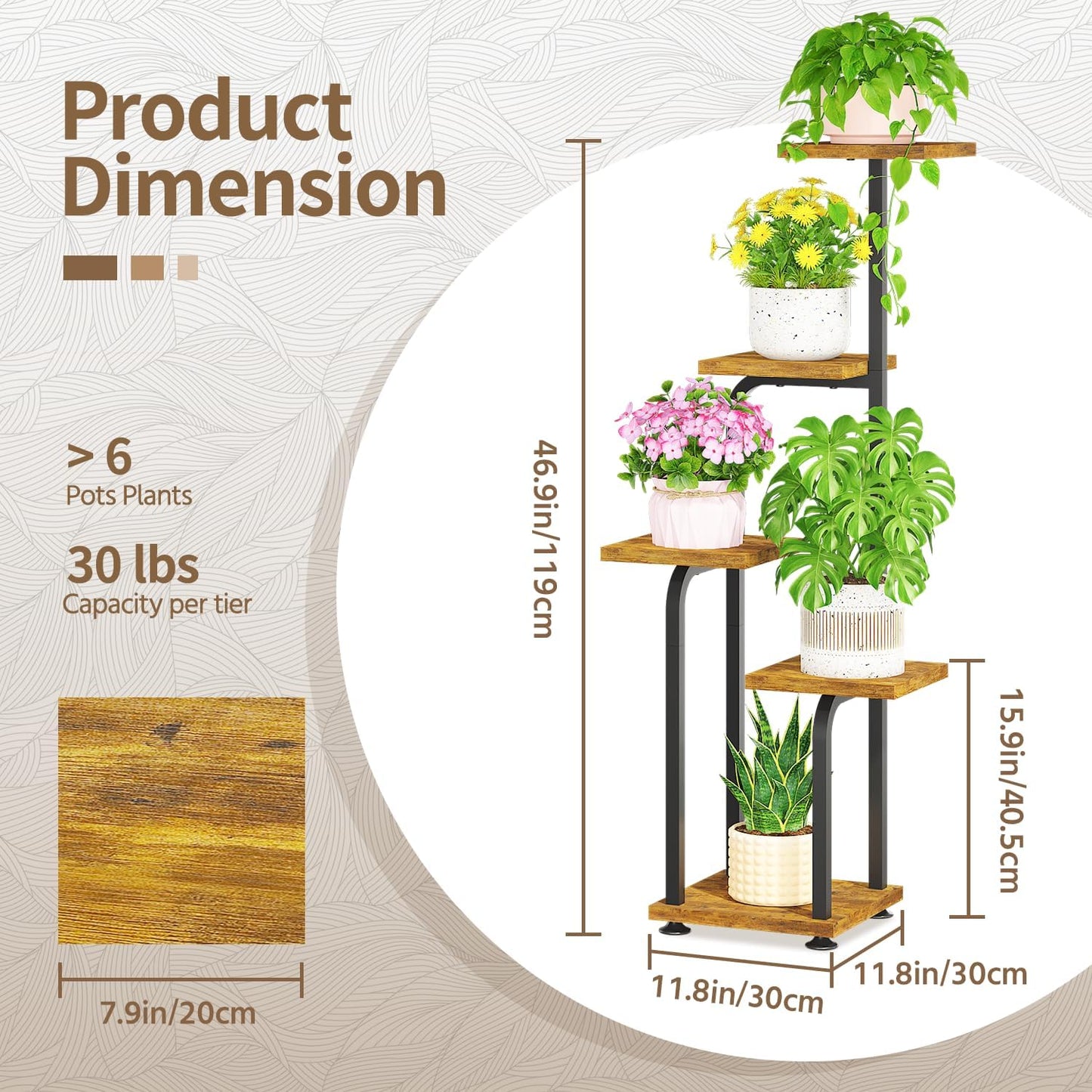LASZOLA Black 5 Tiered Tall Plant Stand Indoor with Heavy Duty Wood Tray, Large Multi Level Vertical Planter Rack for Narrow Corner, Sturdy Rustic Tall Orchid Flower Shelving Holder for House Decor