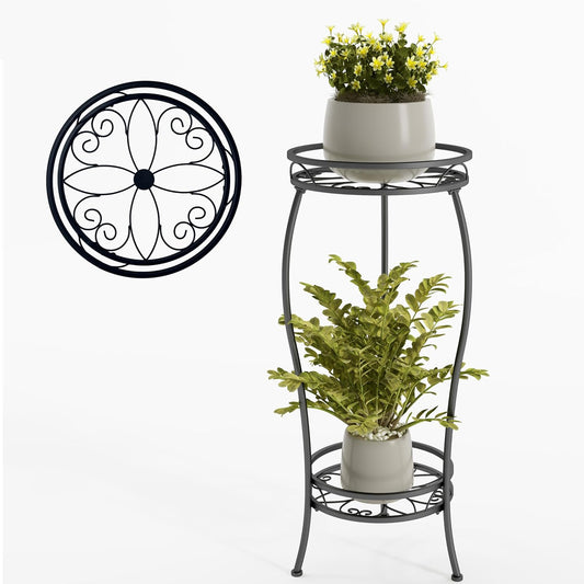 Plant Stand Indoor Outdoor 2 Tier 27.1 inch Tall Black Metal Rustproof Stable Plant Stands Multiple Plant Round Supports Rack for Planter Corner Garden Balcony Patio