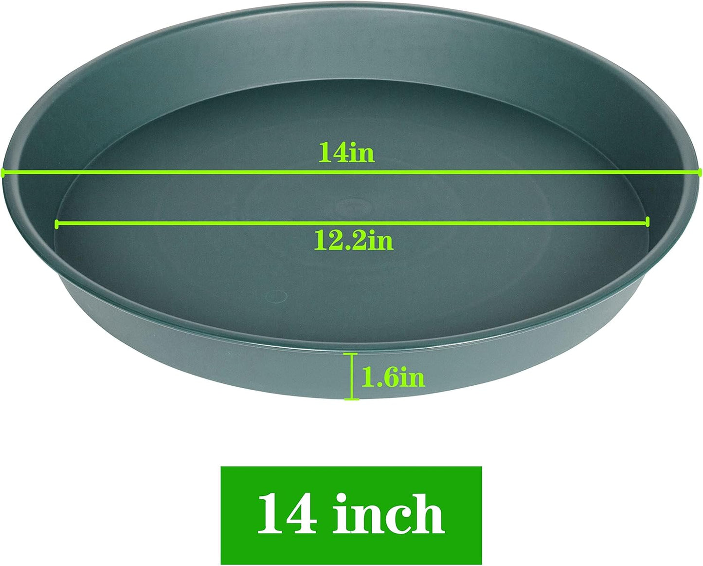 2 Pack of 14 inch Plant Saucer (12.2 Inch Base), 1.7" Depth Tray, Large Deep Garden Plastic Flower Planter Plant Trays for Indoors Outdoor Bath Bath (14", Green)