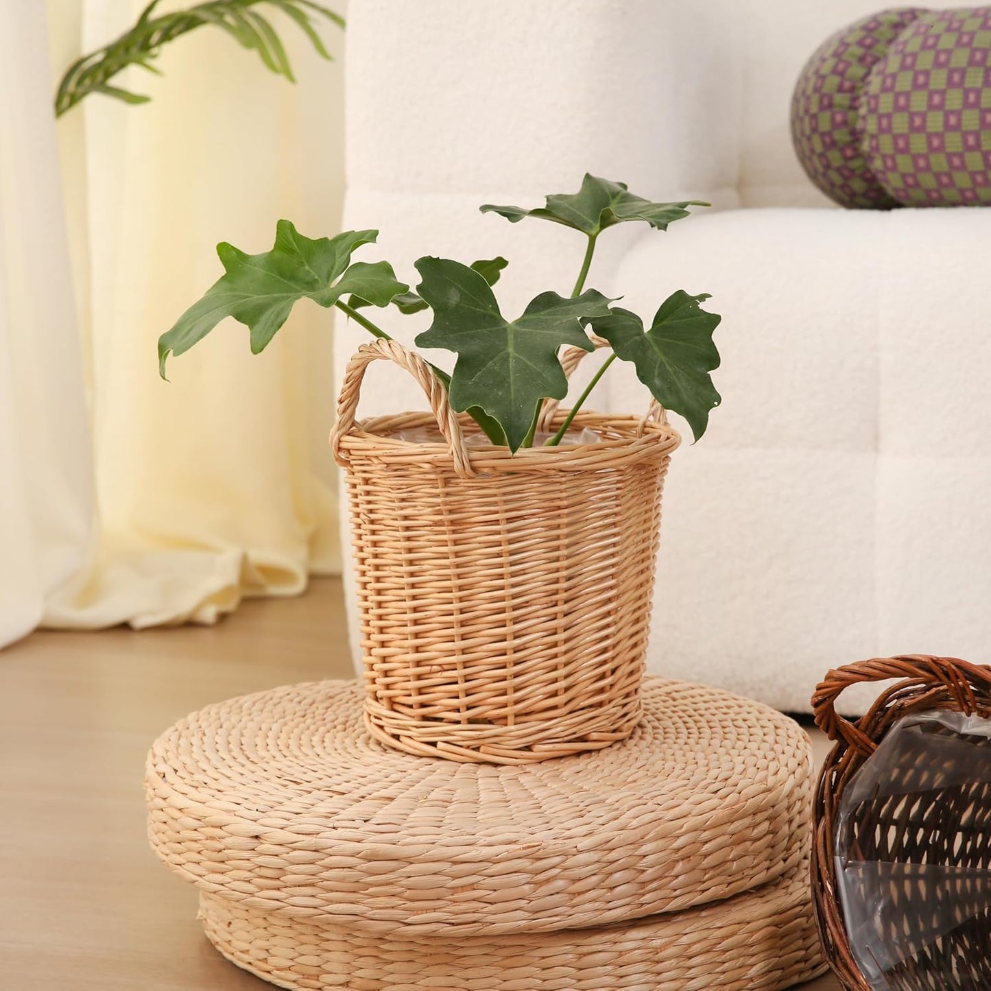 Handwoven Wicker Planter Basket with Waterproof Liner – Natural Yellow Decorative Flower Pot Holder for Indoor Use - Small Size (Inner Top Ø 7", Inner Height 5.9")