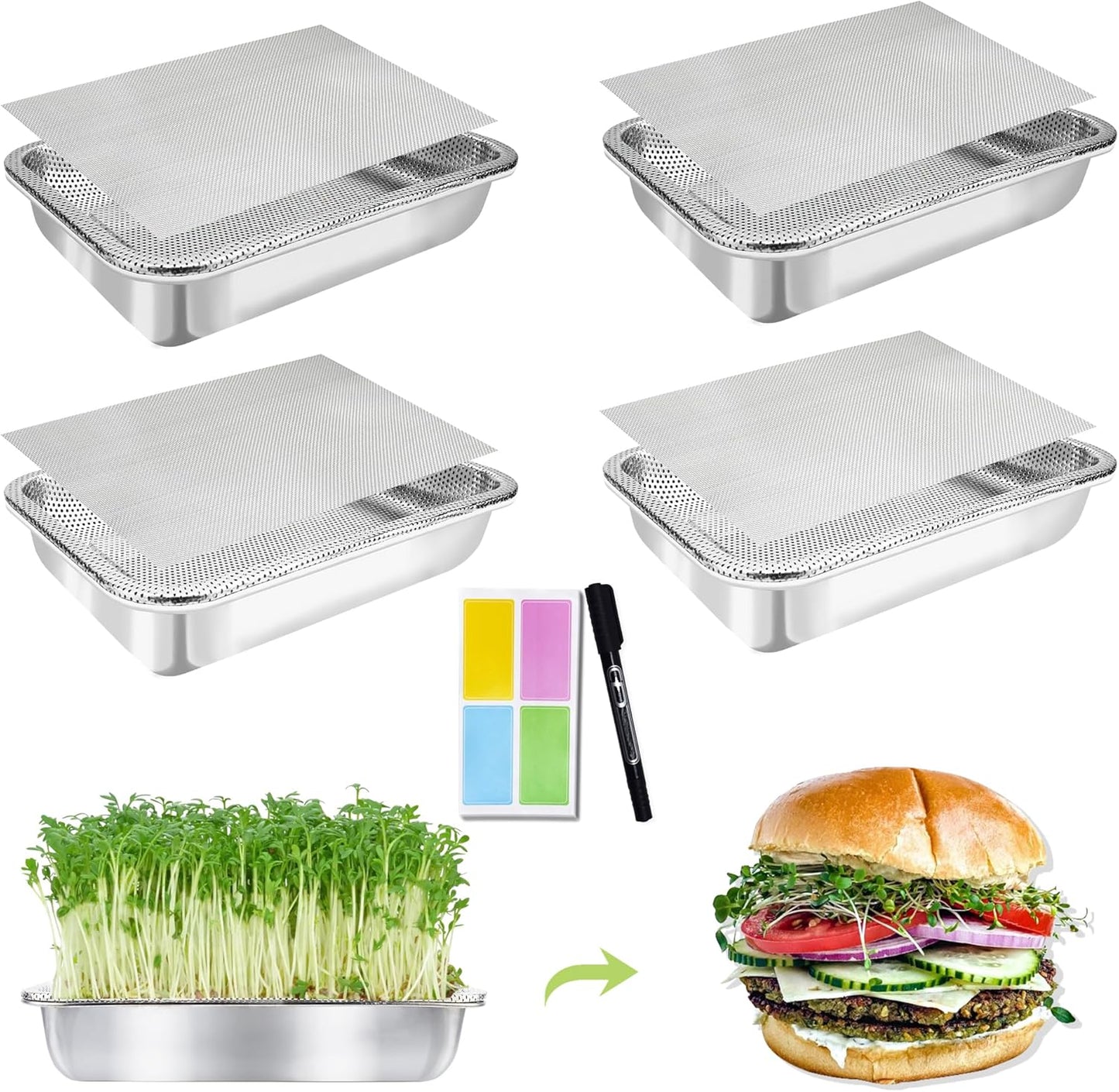 Stainless Steel Sprouts Growing Kit 4-Tier 14 inch Trays, Microgreens Growing Kit, Seed Sprouting Tray with Encrypted Mesh Sprouts for Beans Alfalfa Broccoli Wheat Grass