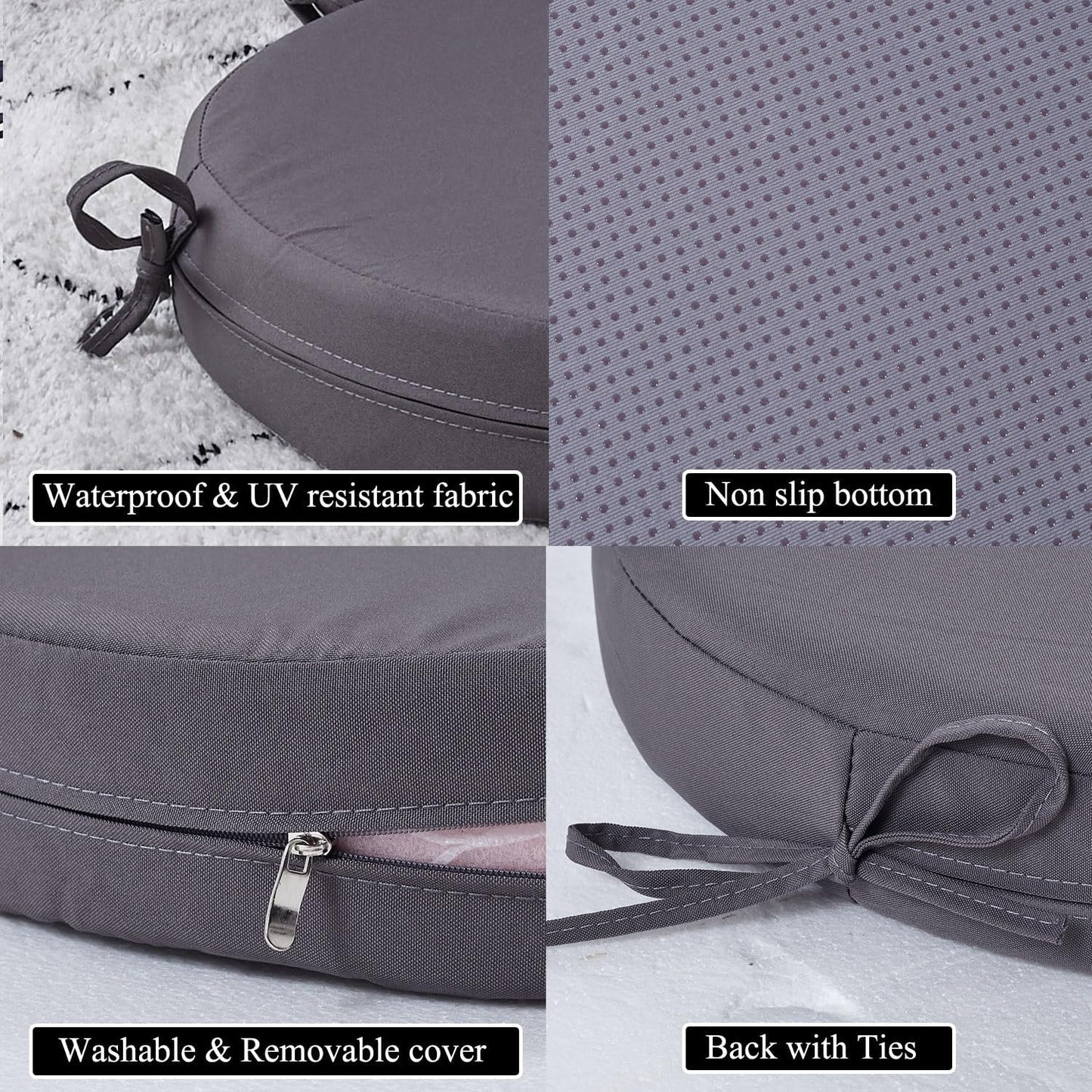 15 x 15 Inch Round Cushions for Outdoor Furniture Non-Slip Waterproof Patio Bistro Chair Cushion with Ties Bar Stool Seat Cushion for Kitchen Chairs Set of 4, Dark Gray