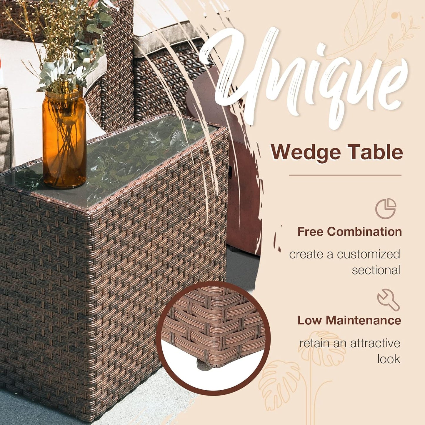 SUNSITT Outdoor Patio 8-Piece Half Moon Curved Furniture Sofa Set Brown Wicker Sectional Sofa Beige Cushions with 2 Side Table