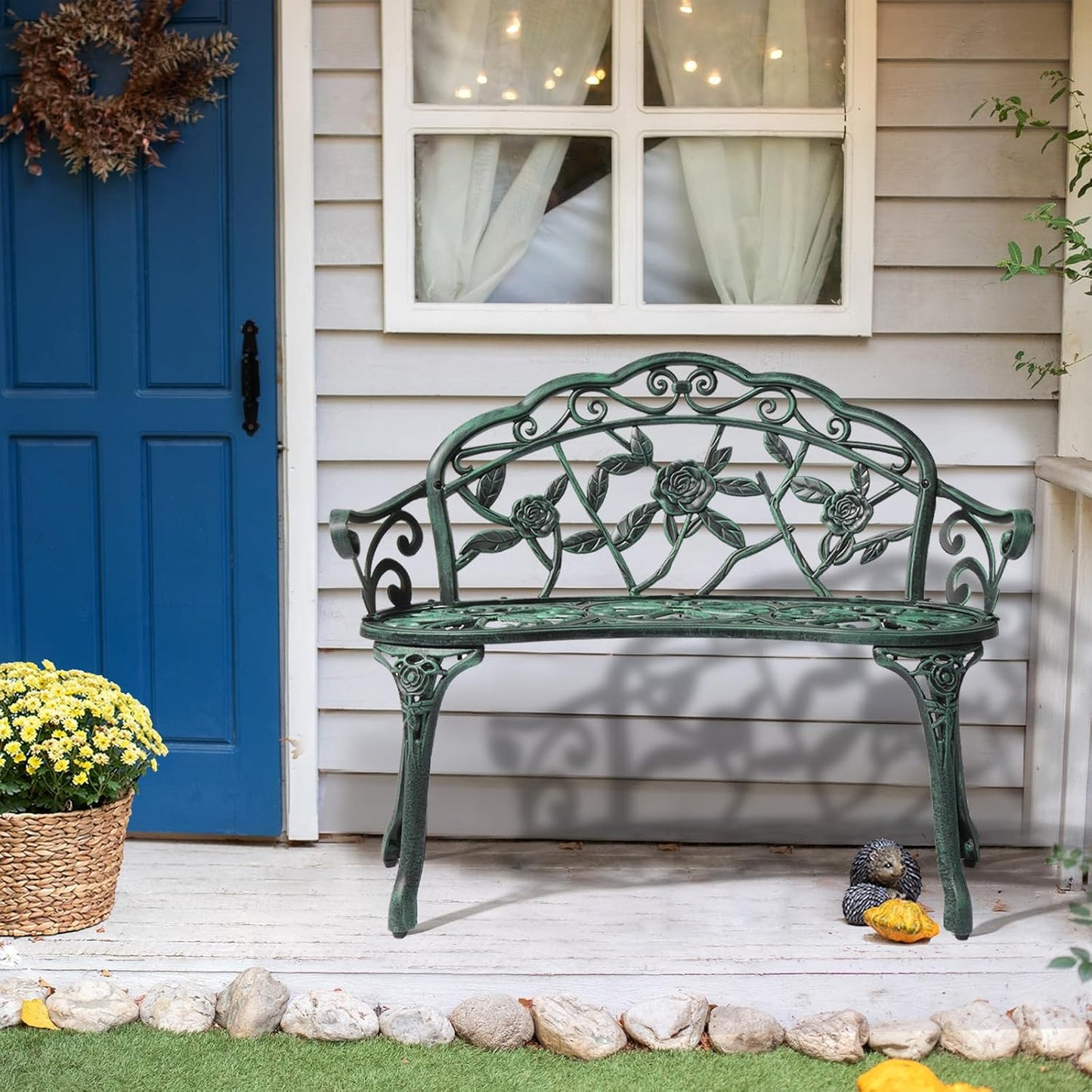VINGLI 38.5" Patio Park Garden Outdoor Metal Rose Bench,Cast Iron Cast Aluminium Frame Antique Finish Chair,Accented Lawn Front Porch Path Yard Decor Deck Furniture for 2 Person Seat（Green&Black