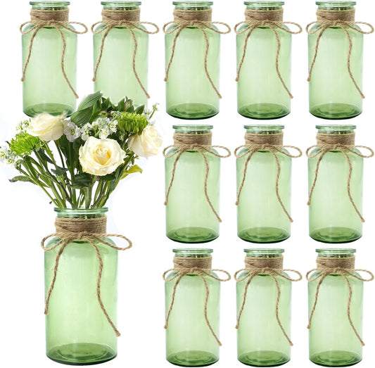 Vintage Glass Flower Vase，12 Pack Green Farmhouse Glass Centerpiece Vases Mason Jars for Weddings, Parties & Home Decor Bulk (12, Green)