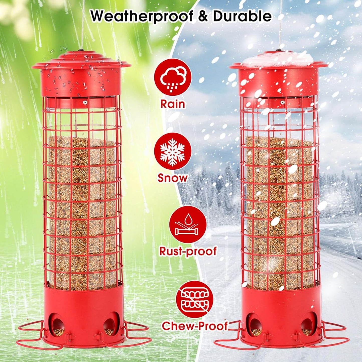 Squirrel Proof Bird Feeder for Outdoors, Weatherproof Metal Feeder, 4.5 lb Large Capacity, Weight-Activated Perches, Hanging Feeder for Cardinals, Finches, Wild Birds, Red