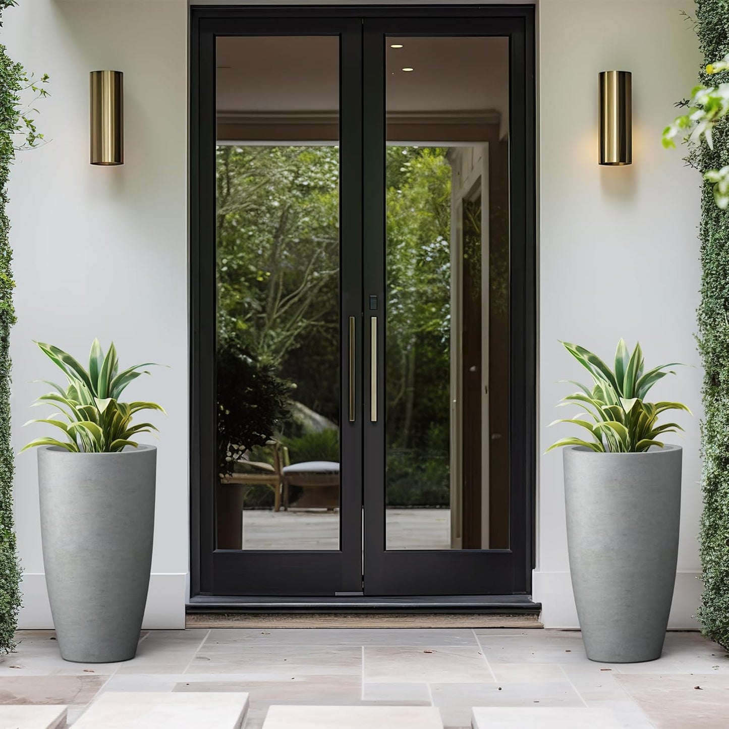 Kante 23.6" H Natural Concrete Tall Planters (Set of 2), Large Outdoor Indoor Decorative Plant Pots with Drainage Hole and Rubber Plug, Modern Style for Home and Garden