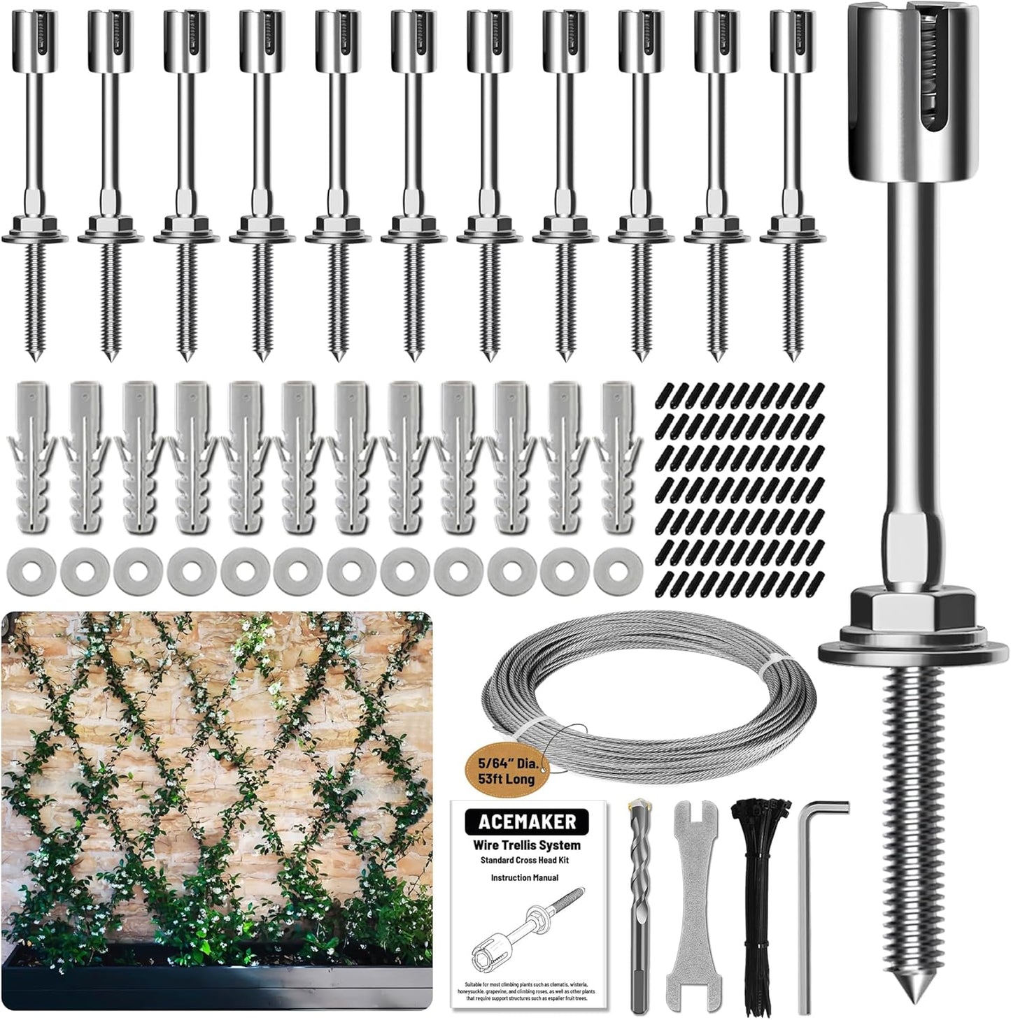 Wire Trellis for Climbing Plants Outdoor, 12-Set Wall Wire Trellis Kit with 5/64"(2mm) x 53ft Stainless Steel Cable, T316 Espalier System for Fence and Garden DIY Projects