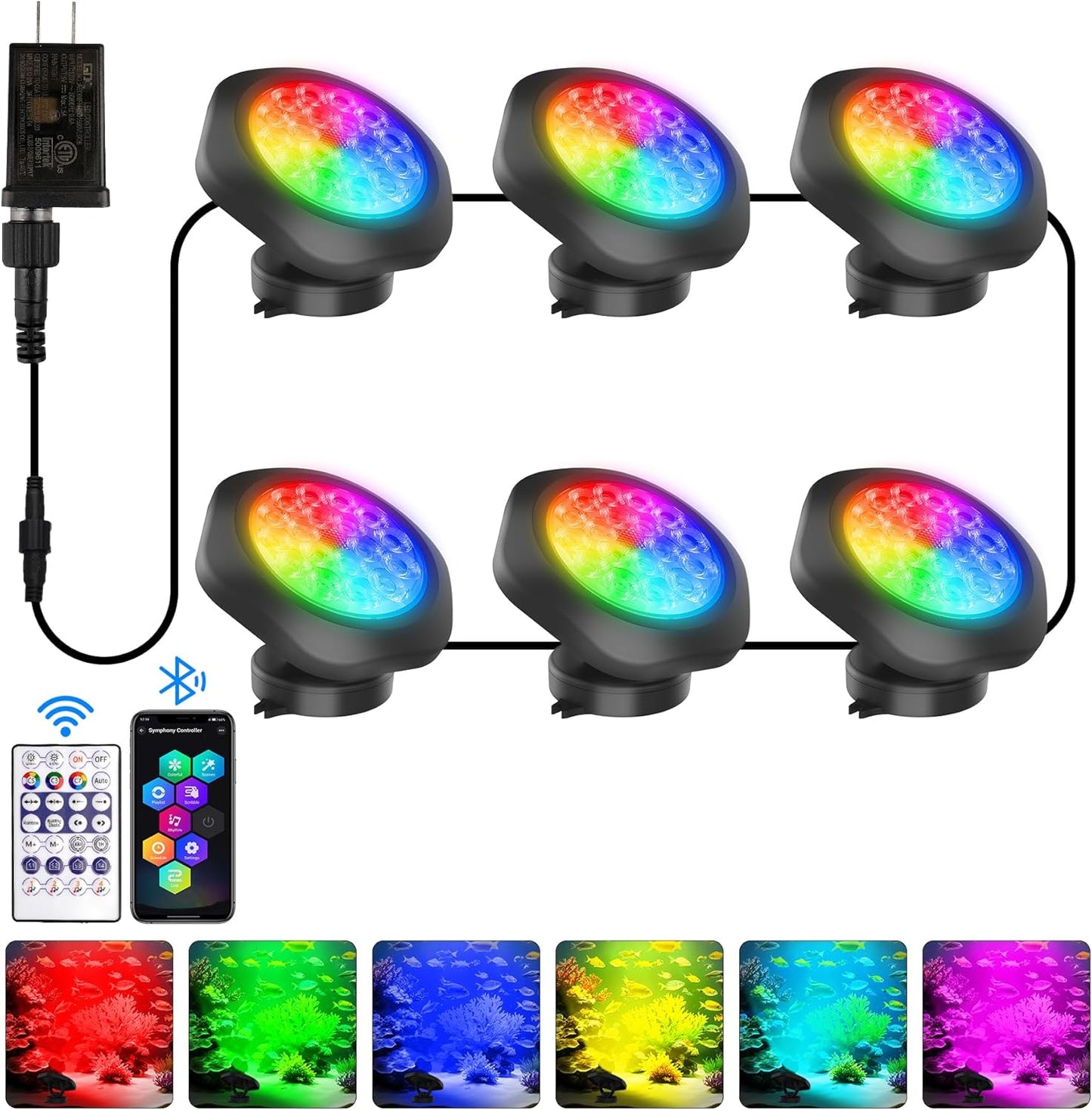 T-SUN Colored Pond Lights with APP and Remote Control – Bright LED Underwater Submersible Fountain Lights, IP68 Waterproof Landscape Spotlight for Garden Koi Pond Aquarium Fish Tank (Set of 6)