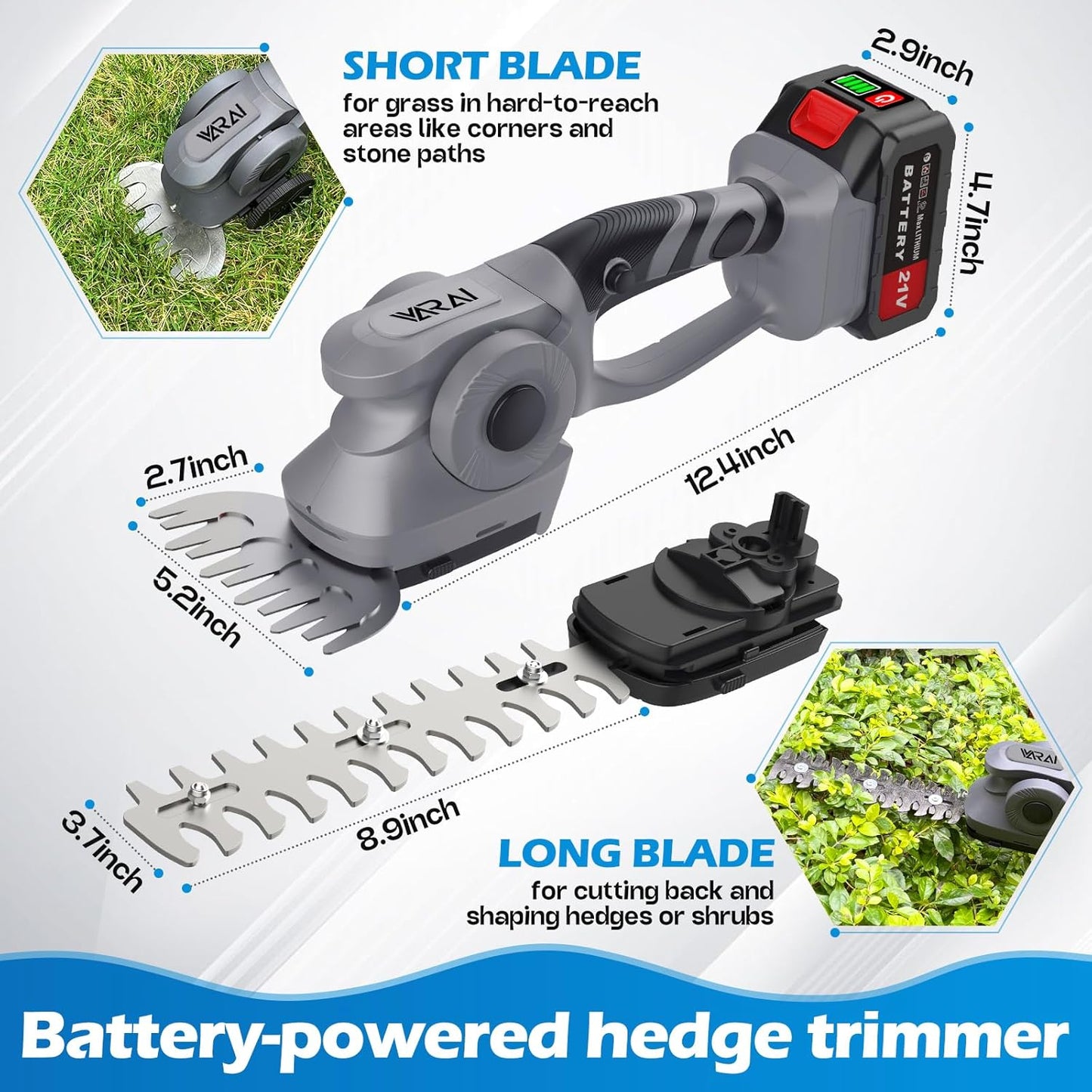 Cordless Hedge Trimmer, 2-in-1 Hedge Trimmer, Ultra Long Battery Life with Battery*2, high-Power and high-Capacity Grass Trimmer for Gardens, Yards and lawns, Including Charger