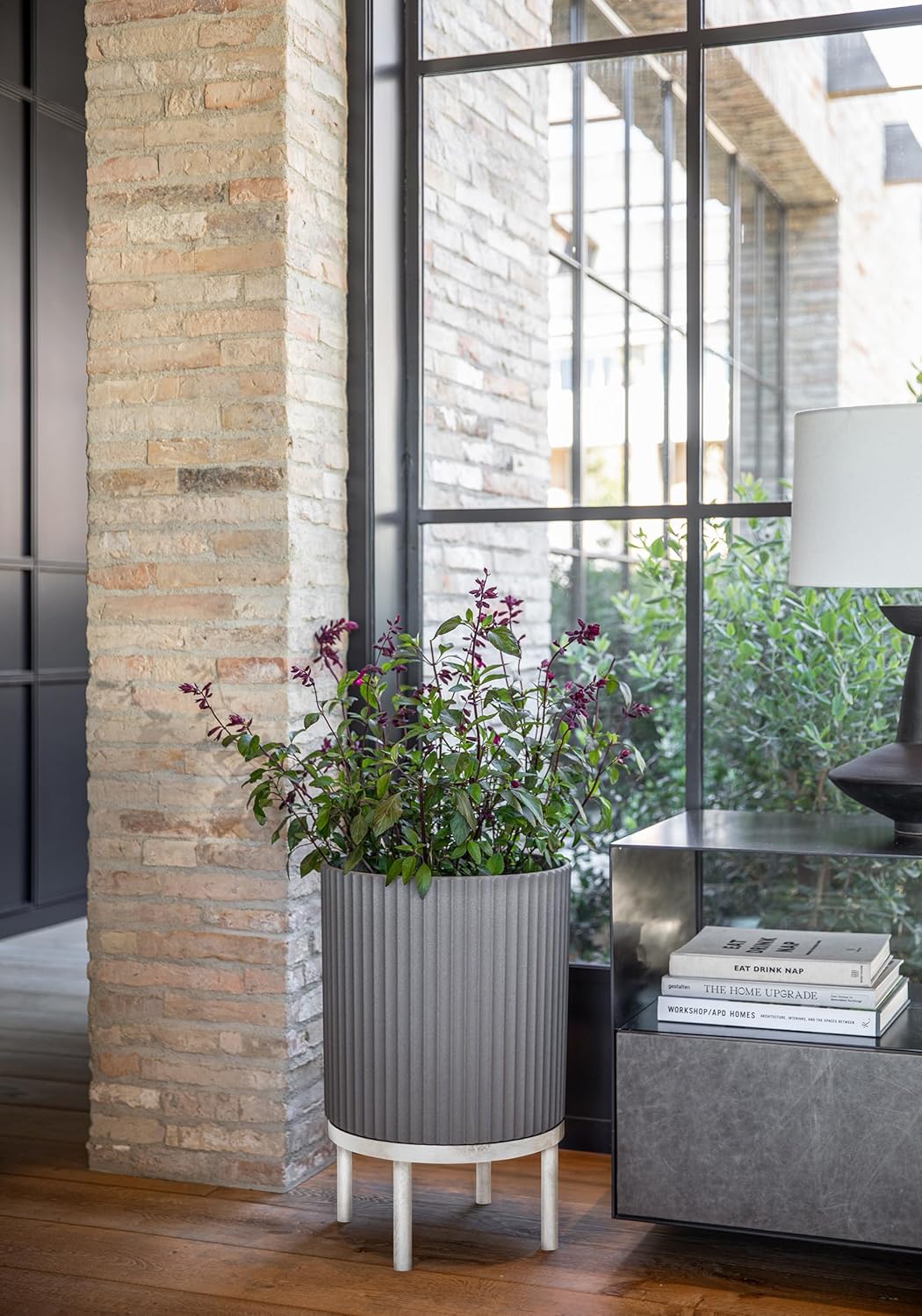 Veradek Demi Series Round Planter w/Stand for Porch/Patio | Durable Plastic-Stone Composite & Wooden Stand | Modern Décor for Tall Plants, Flowers