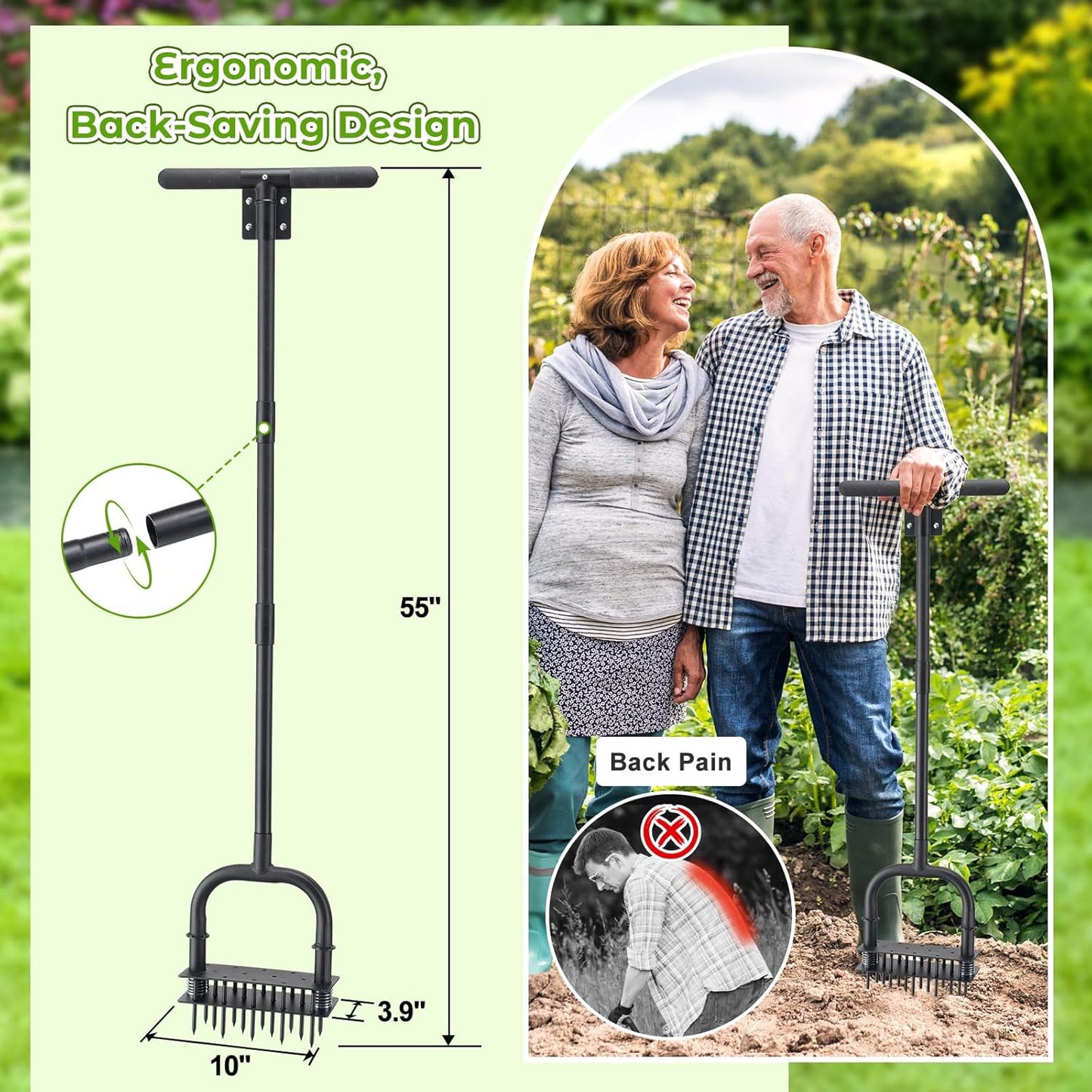 Aerator Lawn Tool: Sharp 14 Iron Spikes, Automatic Dirt Leaf Cleaning, Manual Lawn Aerators with Ergonomic T-Handle for Lawn Yard Garden Patio Soil Loosening Grass Aerating