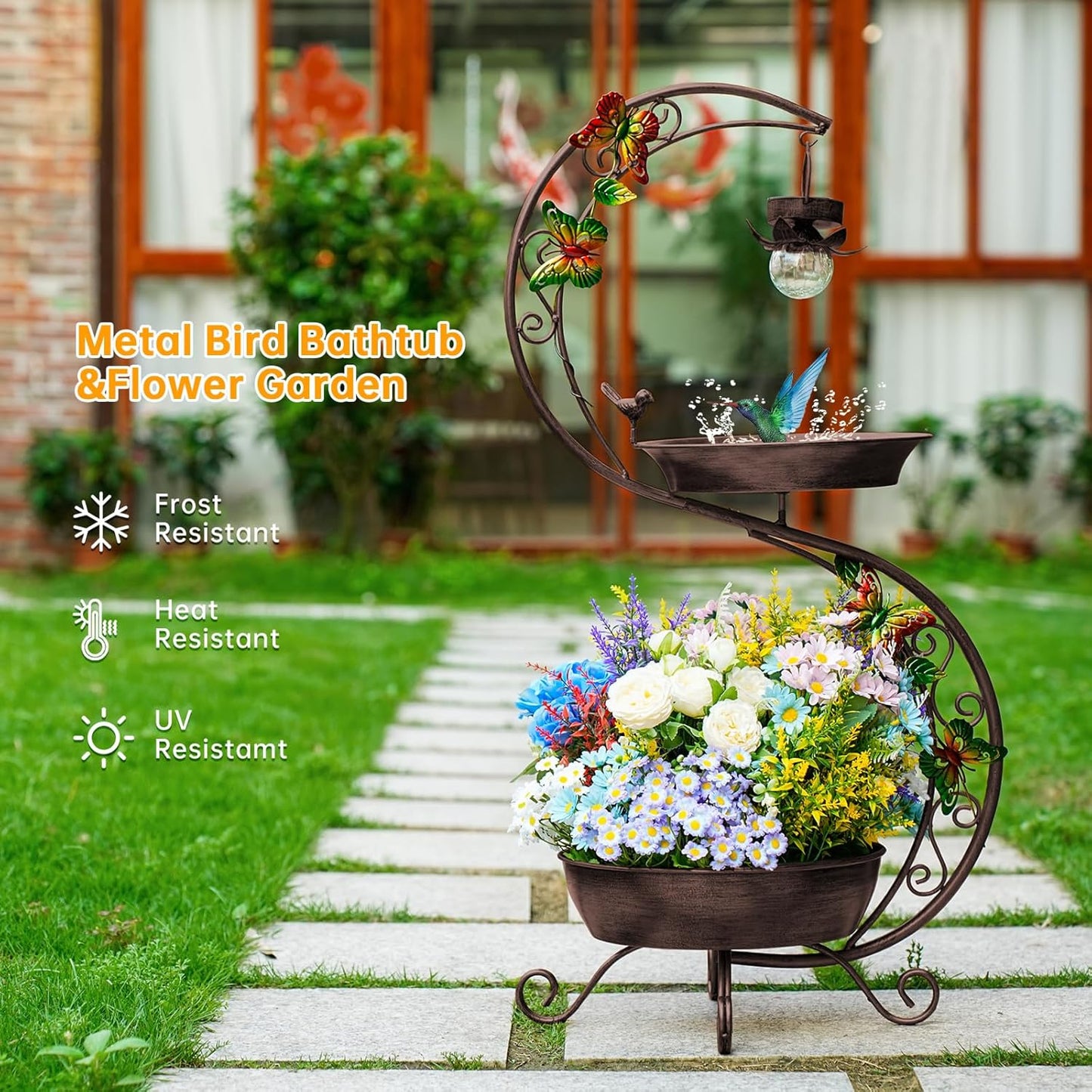 Bird Bath for Outside with Solar Lamp, 36" Birdbaths for Outdoors with Planter Flower Pot, Metal Bird Bath Bowl for Garden Yard Decor (All Vintage Brown)