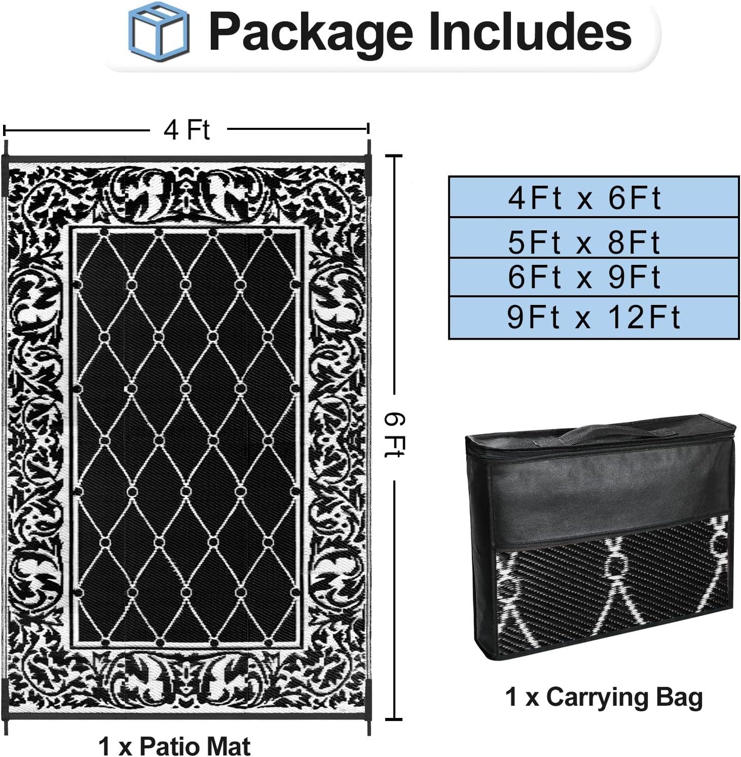 OutdoorLines Indoor Outdoor Rugs for Patio 4x6 ft - Reversible Outside Carpet, Stain & UV Resistant Portable RV Mats, Plastic Straw Rug for Camping, Pool Deck, Porch Rhombus Black & White