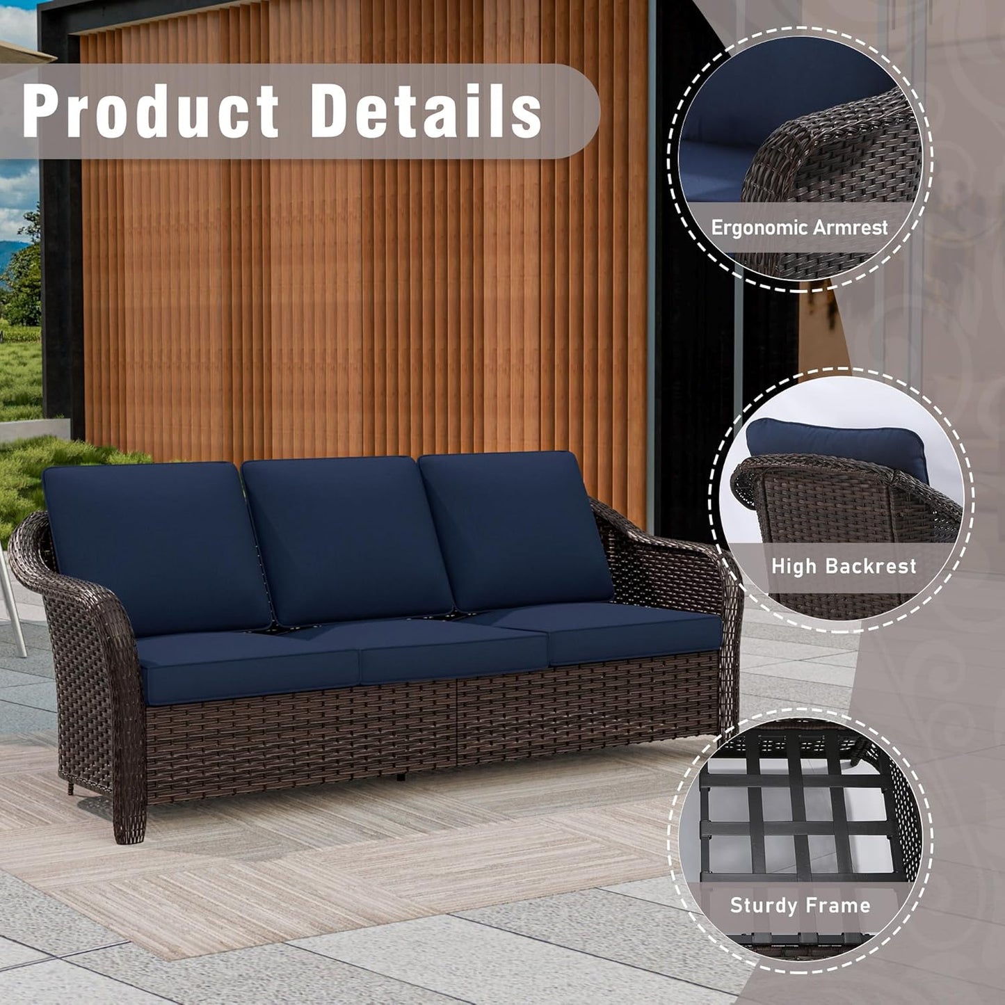3 Piece Patio Wicker Conversation Set, All-Weather Use Outdoor Wicker Sofa with 2 PE Rattan Chair, Ideal for Porch, Backyard, Balcony, Poolside, Blue