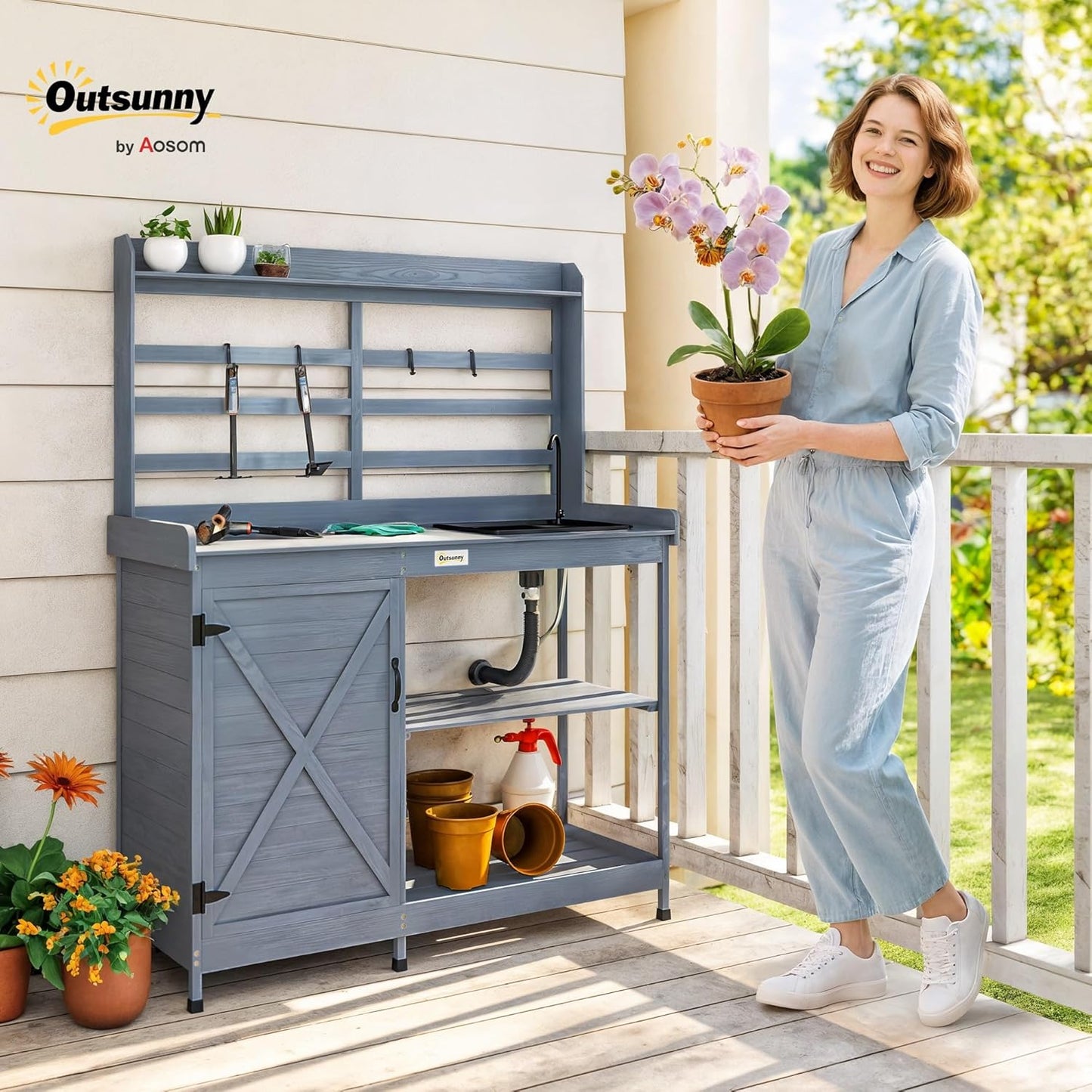 Outsunny Outdoor Wooden Potting Bench Table with Sink and Water Tap, Garden Workstation with Storage Cabinet, Storage Shelves for Backyard, Patio, Balcony, Gray