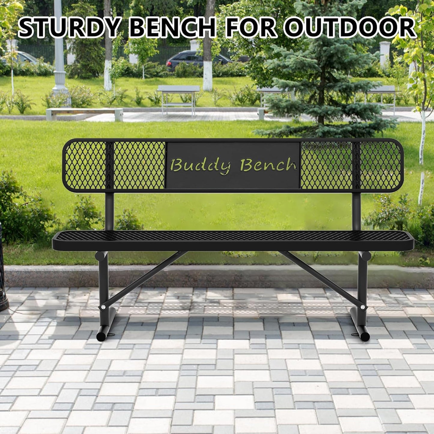6 Feet Steel Park Bench for Outside, Outdoor Bench with Backrest & Portable Frame, Commercial Benches for Parks, School, Patio, Deck, Store,Black