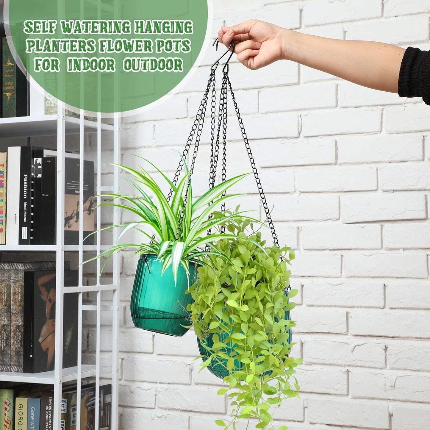 Maxcheck 4 Pcs Self Watering Hanging Planters Indoor Gift 6.5'' 4.5'' Hanging Flower Pots Baskets Outdoor Self Watering Plant with 3hooks Drainage Holes for Home(Emerald,Grey)