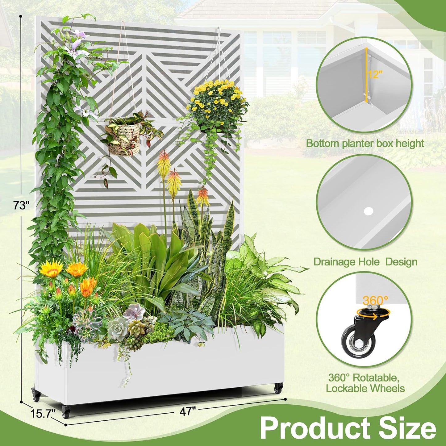 Raised Garden Bed with Trellis and Wheels,73"x47"x16" Metal Raised Garden Bed,White Diamond Metal Planter with Climbing Trellis for Vines & Vegetables