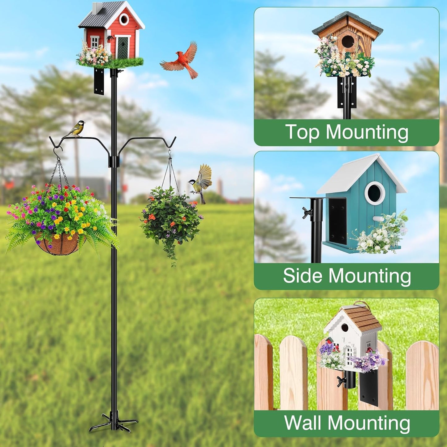 Bird House Pole, 95 Inch Heavy Duty Bird Feeder Pole Mount Kit for Outdoors, Adjustable Bird Feeding Stand, with 2-Hooks, 5-Prong Base for Birds Watching