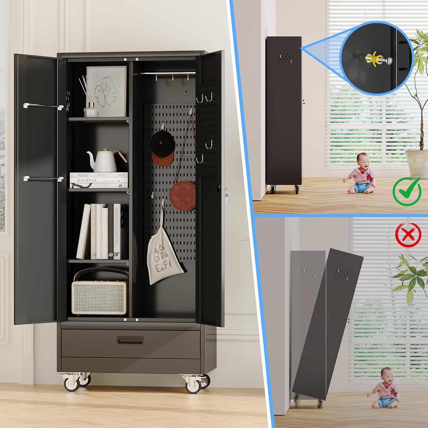 31.5 in Wide Garage Storage Cabinet with Wheels, Metal Storage Cabinet with 1 Drawer and 3 Adjustable Shelves for Home Offices, Gyms and Pantries, Black