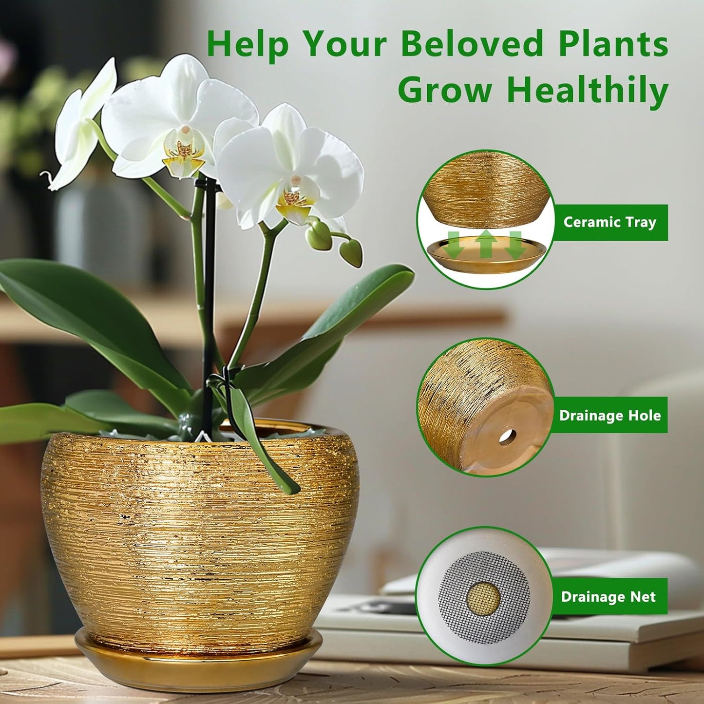 Ceramic Plant Pot 8 Inch - Planter for Outdoor Plants Indoor Plant Pot with Drainage Hole and Saucer Decorative Round Planter Modern Flower Pot for House Decor Gold