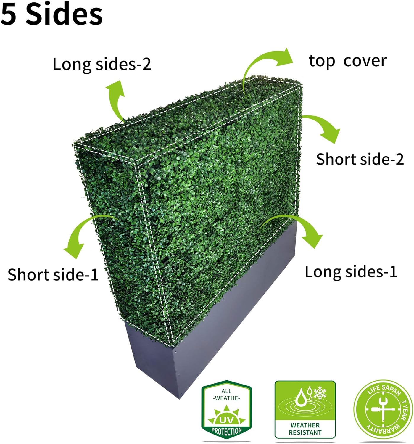 AGPL Artificial Hedge Wall (38" Width* 12" Deep* 64" Height) with Dark Gray Stainless Steel Planter Box (64.00)