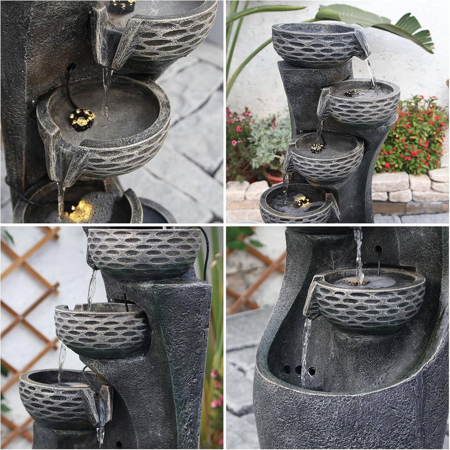 35.83''H Indoor Outdoor Modern Water Fountain 6-Tiers Garden Cascading Fountains Curve Shape Floor Standing Waterfall Water Feature with LED Light for Yard Deck Patio Home Art Decor