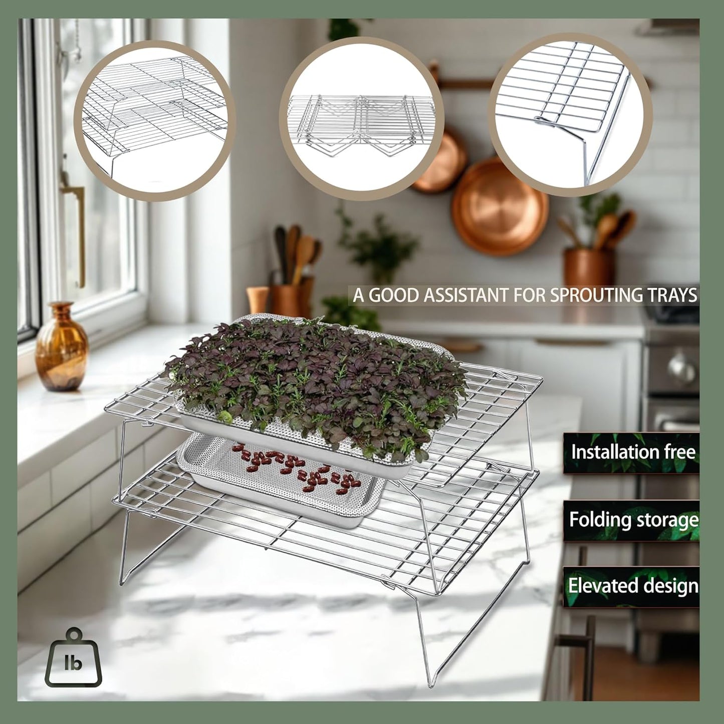 Sprouts Growing Rack 4-Tier 14 inch Shelf, Metal Foldable Plant Stand for Sprouting Tray Indoor, Seed Starting Tray Plant Shelf, Silver Rack for Kitchen Table Top Space Saving