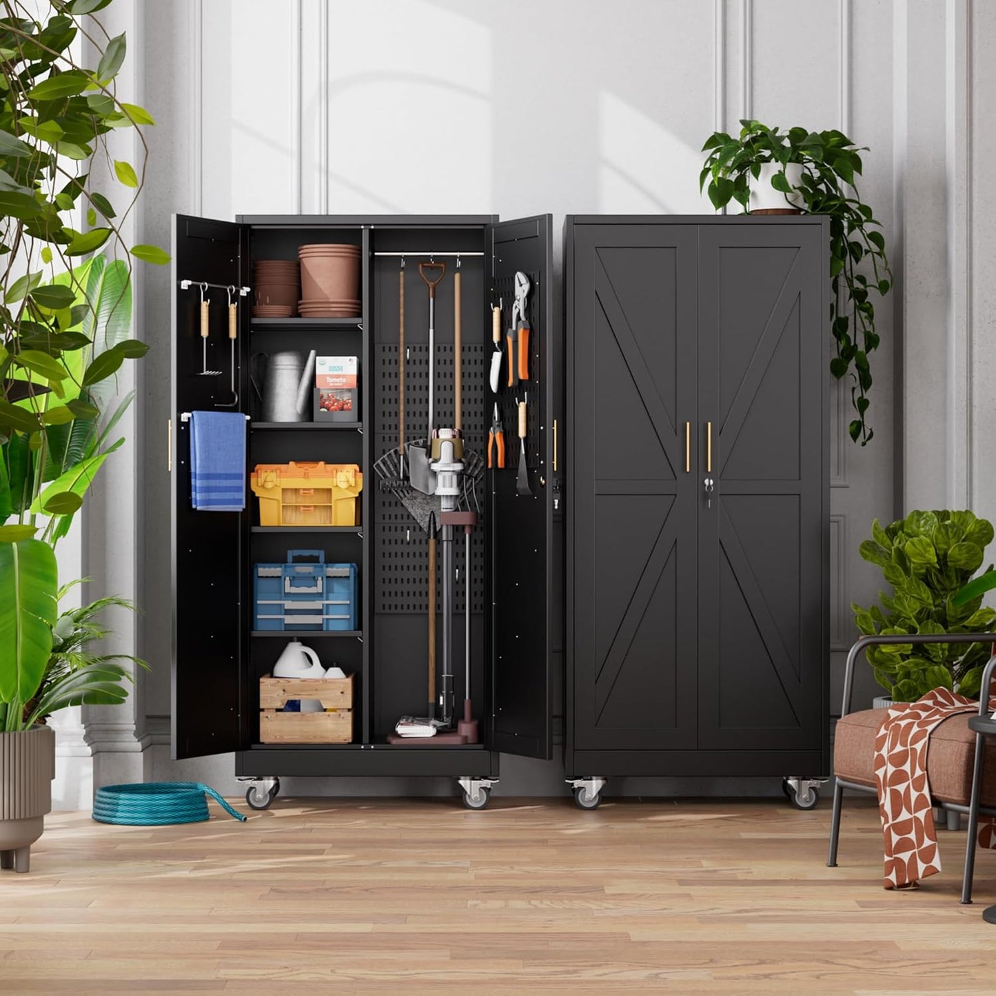 31.5 in Wide Garage Storage Cabinet, Metal Tool Cabinet with 4 Adjustable Shelves, Garage Storage System with Lockable Door for Offices, Gyms and Pantries, Black