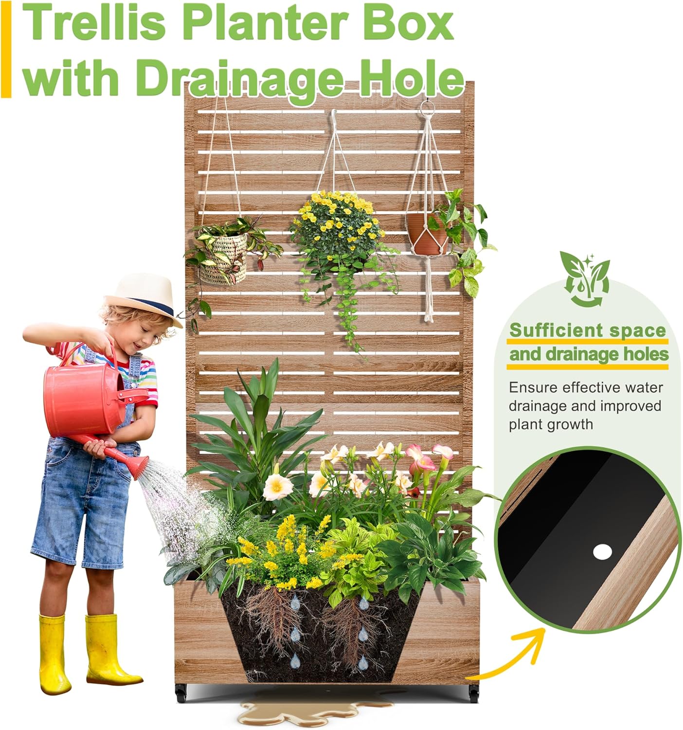 FENCY Metal Raised Garden Bed with Wheels and Trellis,73"x35"x16" Planter Box for Climbing Plants, Vegetables & Vines, Features Privacy Screen and Drainage Holes (Natural Wood Color)