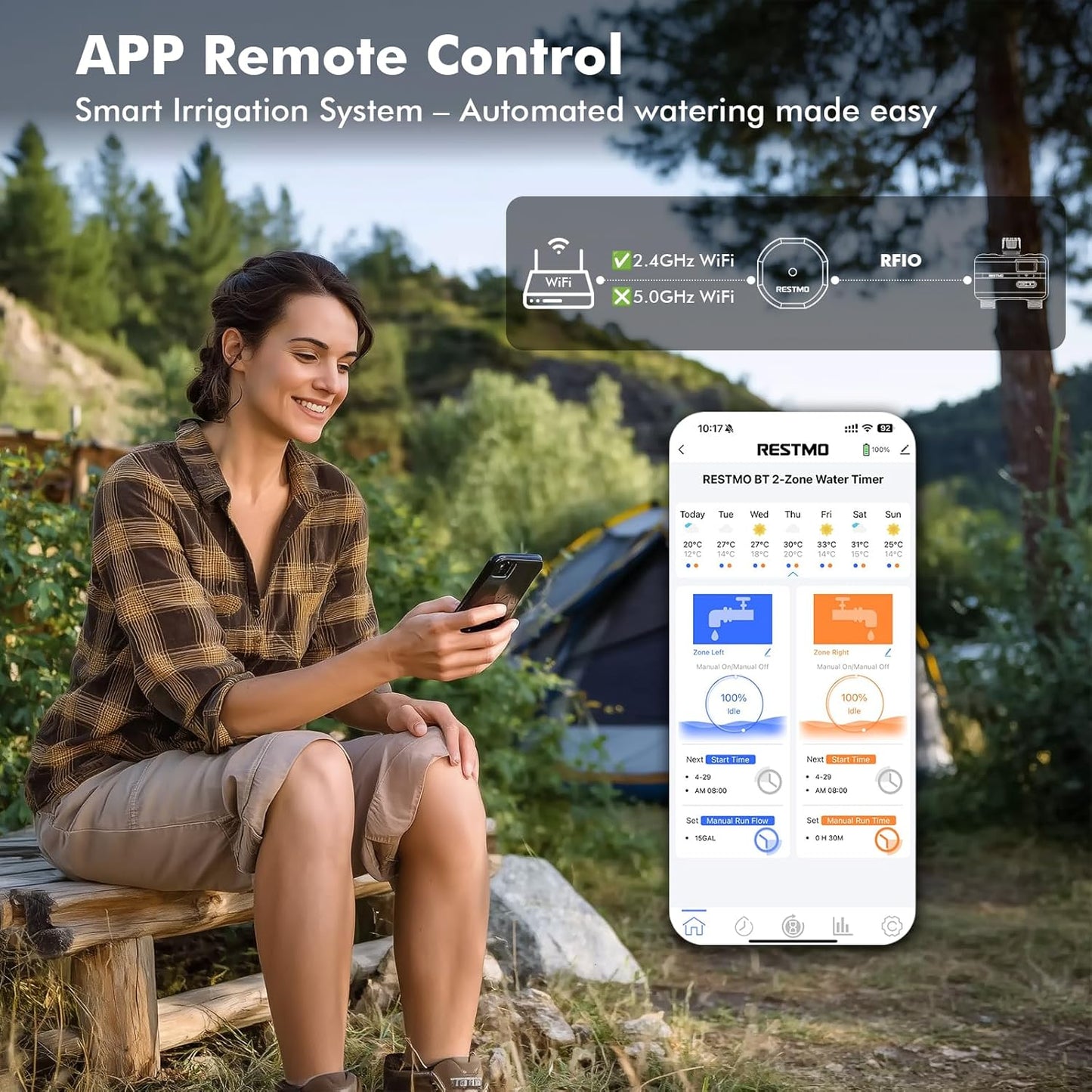 RESTMO Smart Sprinkler Timer with Flow Meter, 2 Zone Water Timer for Garden Hose, Brass Inlet & Outlet, Automatic Lawn & Yard Irrigation Watering System, APP Remote Control (RF Hub + WiFi Connection)