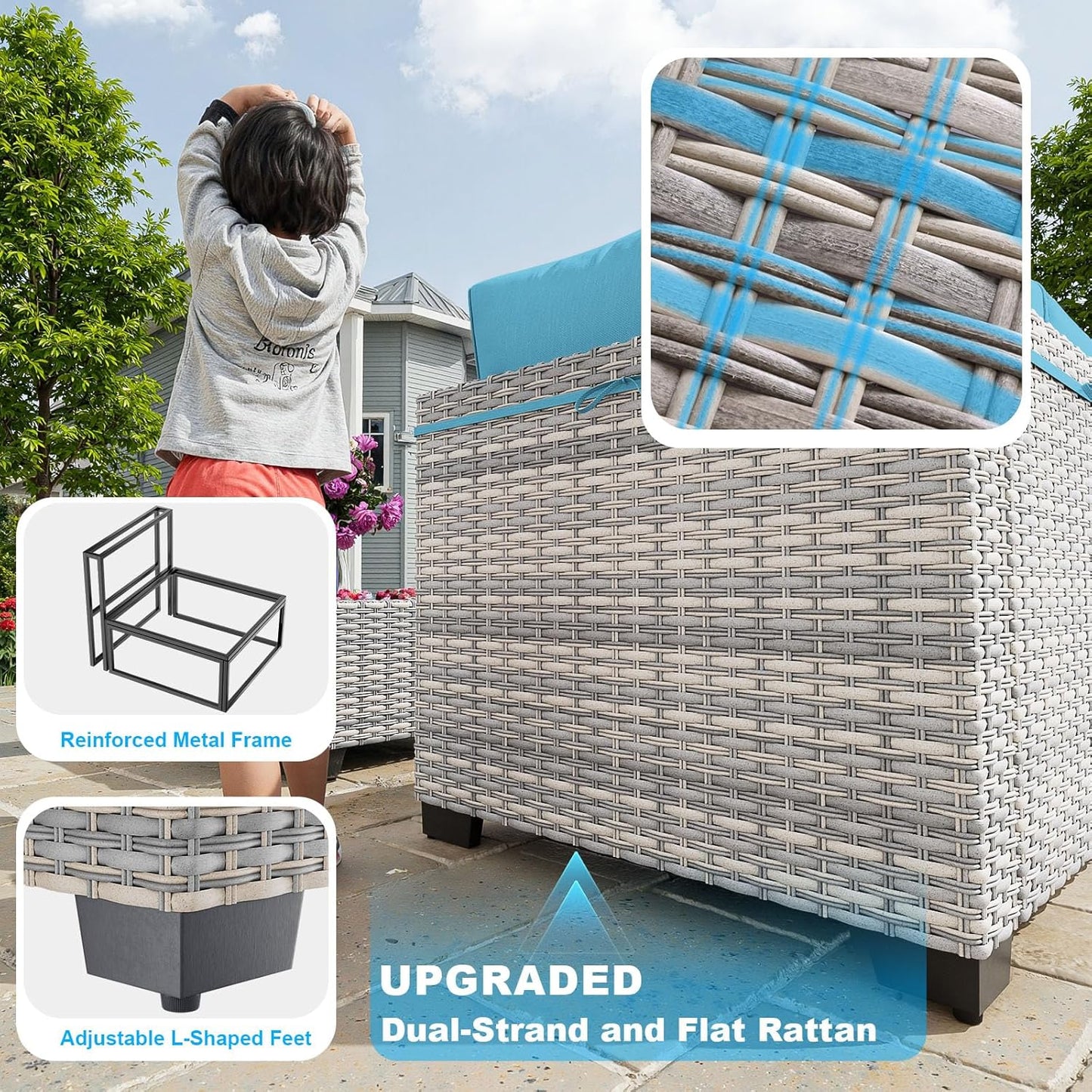 11-Piece Patio Furniture Set, Outdoor Patio Furniture with 55,000 BTU Fire Pit Table, Swivel Chairs Set, Thick Cushions, Modular Patio Sofa, Dual-Strand Wicker Rattan, Rust-Resistant Frame, Lake Blue