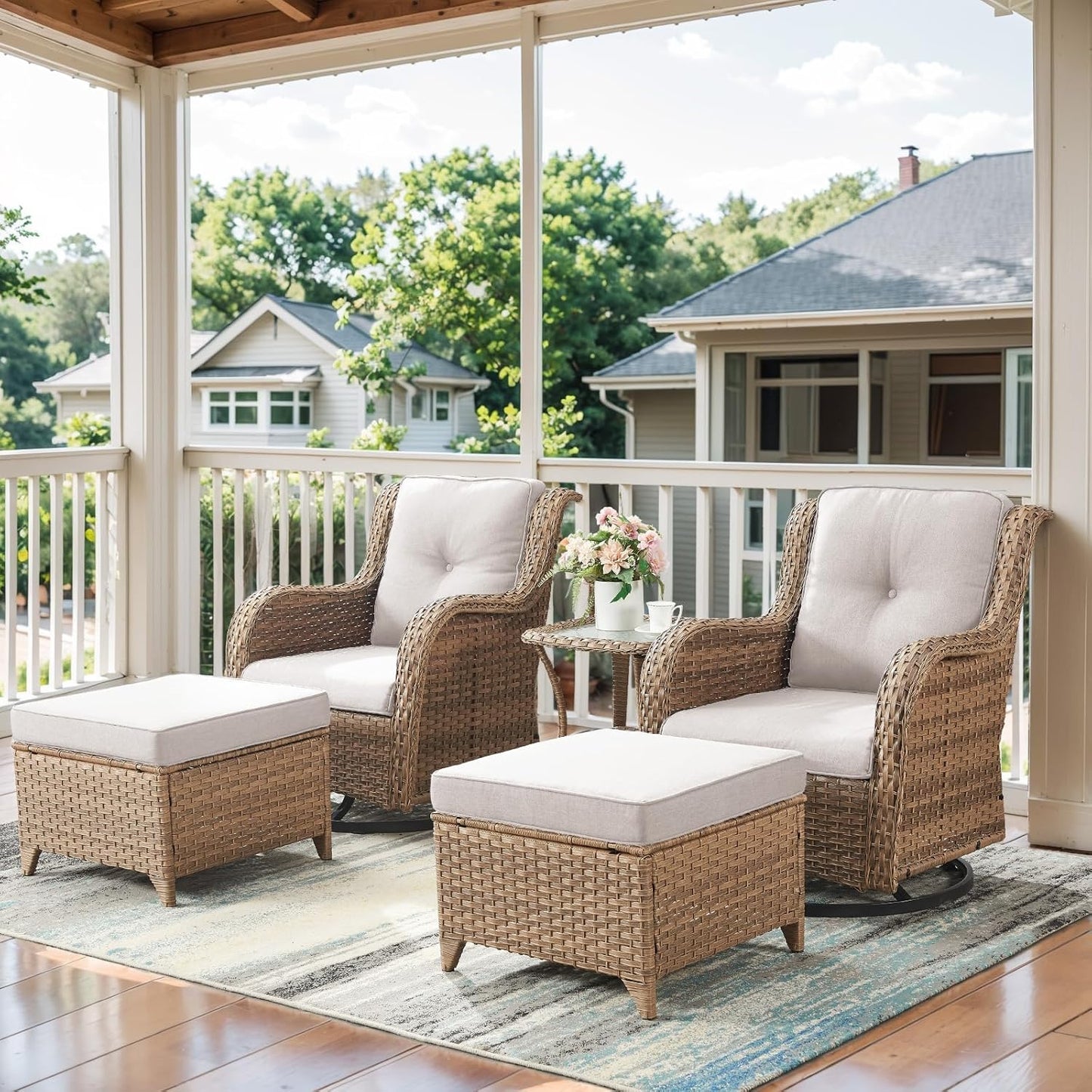 5 Pieces Patio Furniture Sets Wicker Outdoor Furniture, Rattan Patio Swivel Glider Chairs with 2 Ottoman and Glass Side Table, Yellow Wicker