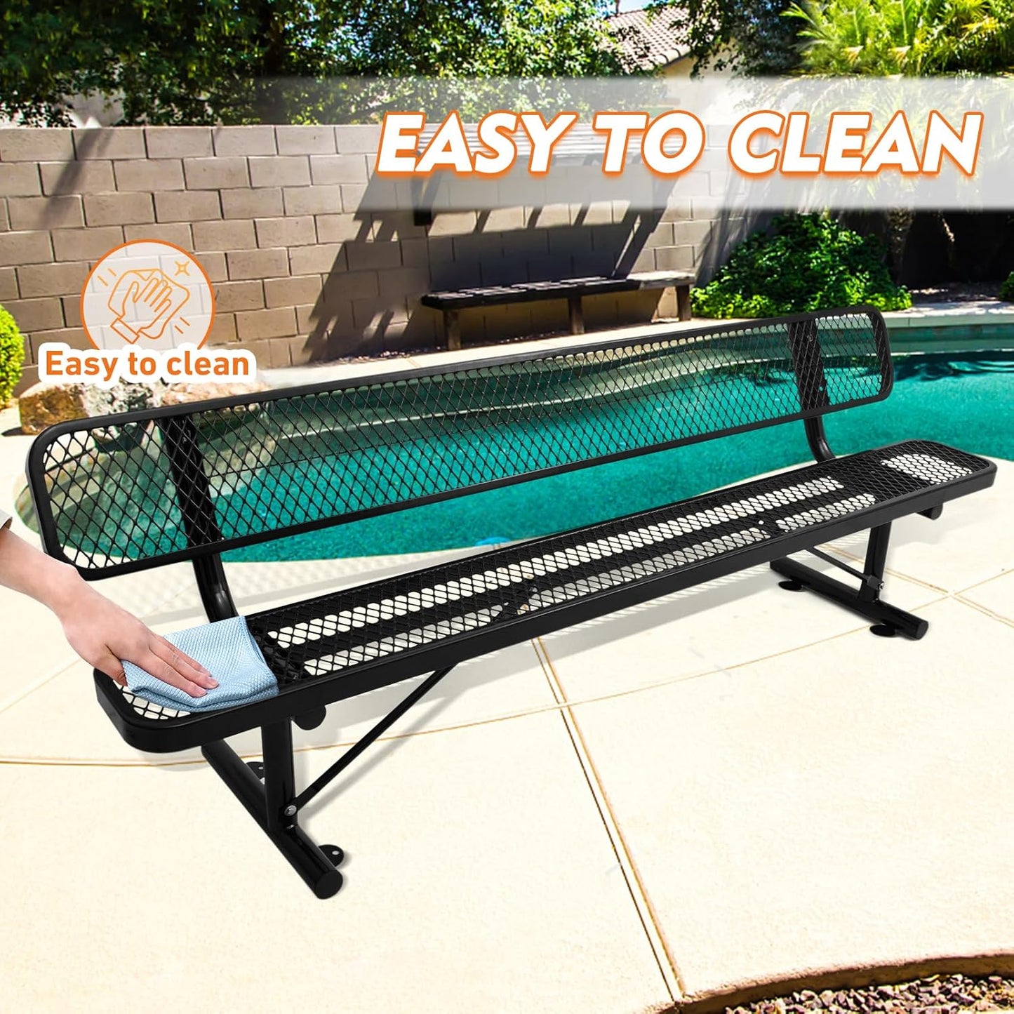 Outdoor Garden Bench, Cast Iron Metal Frame Patio Park Bench with Backrest, Portable Expanded Metal Black Bench, Commercial-Grade Outdoor Seating for Lawn, Patio, Park, Yard, Garden (Black, 8FT/96'')