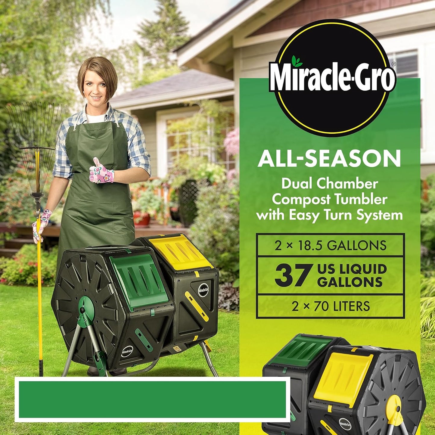 Miracle-Gro Dual Chamber Compost Tumbler – Easy-Turn, Heavy-Duty Outdoor Bin Composter with 2 Sliding Doors (2x18.5 Gal/70L