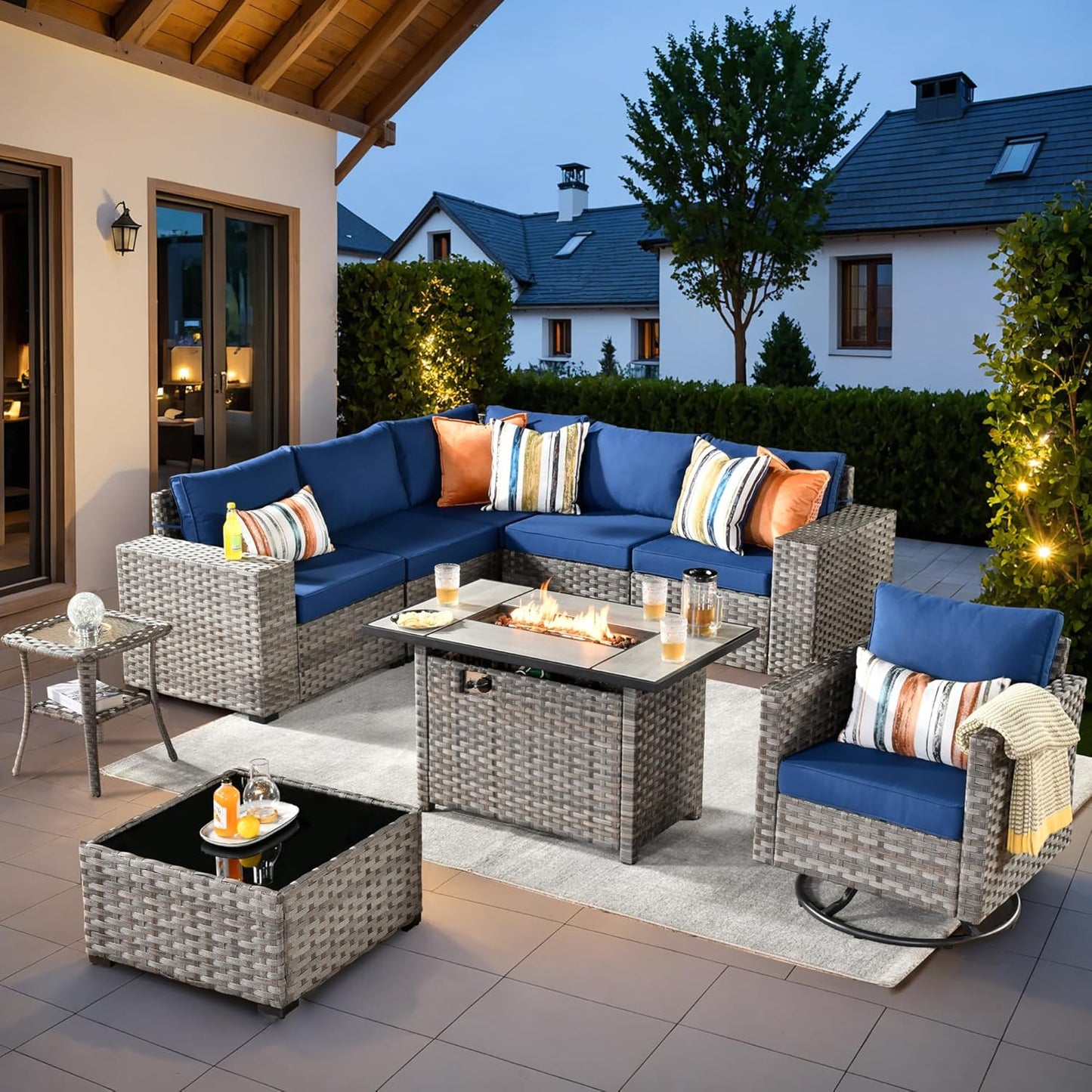 ovios 9 Pieces Patio Furniture Set, Outdoor Wicker Sectional Sofa with 42" Fire Pit Table Swivel Chair, Modern Modular Deep Seat Rattan Couch Conversation Sets, Navy Blue