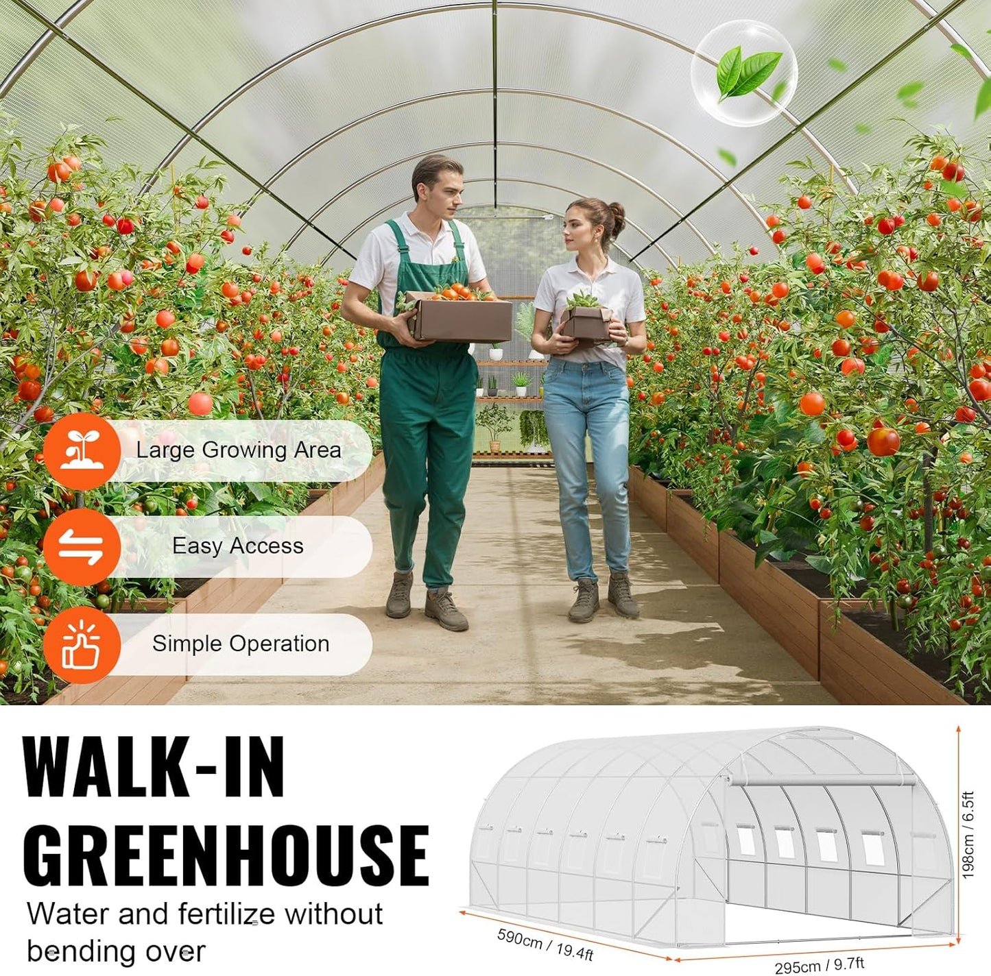 VEVOR Walk-in Tunnel Greenhouse, 19.4x9.7x6.5 ft Hoop House Greenhouse Tunnel, Plant Hot House with Galvanized Steel Frame, White PE Cover, Roll-up Zipper Door and 12 Windows for Outdoor