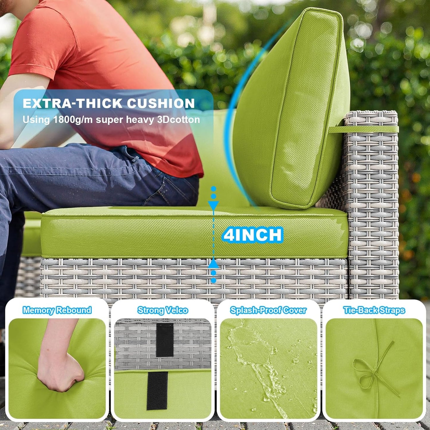 14-Piece Patio Furniture Set, Outdoor Sectional with Thick Cushions, Modular Patio Sofa, Dual-Strand Wicker Rattan, Rust-Resistant Frame, Backyard Furniture for Garden, Deck, Grass Green