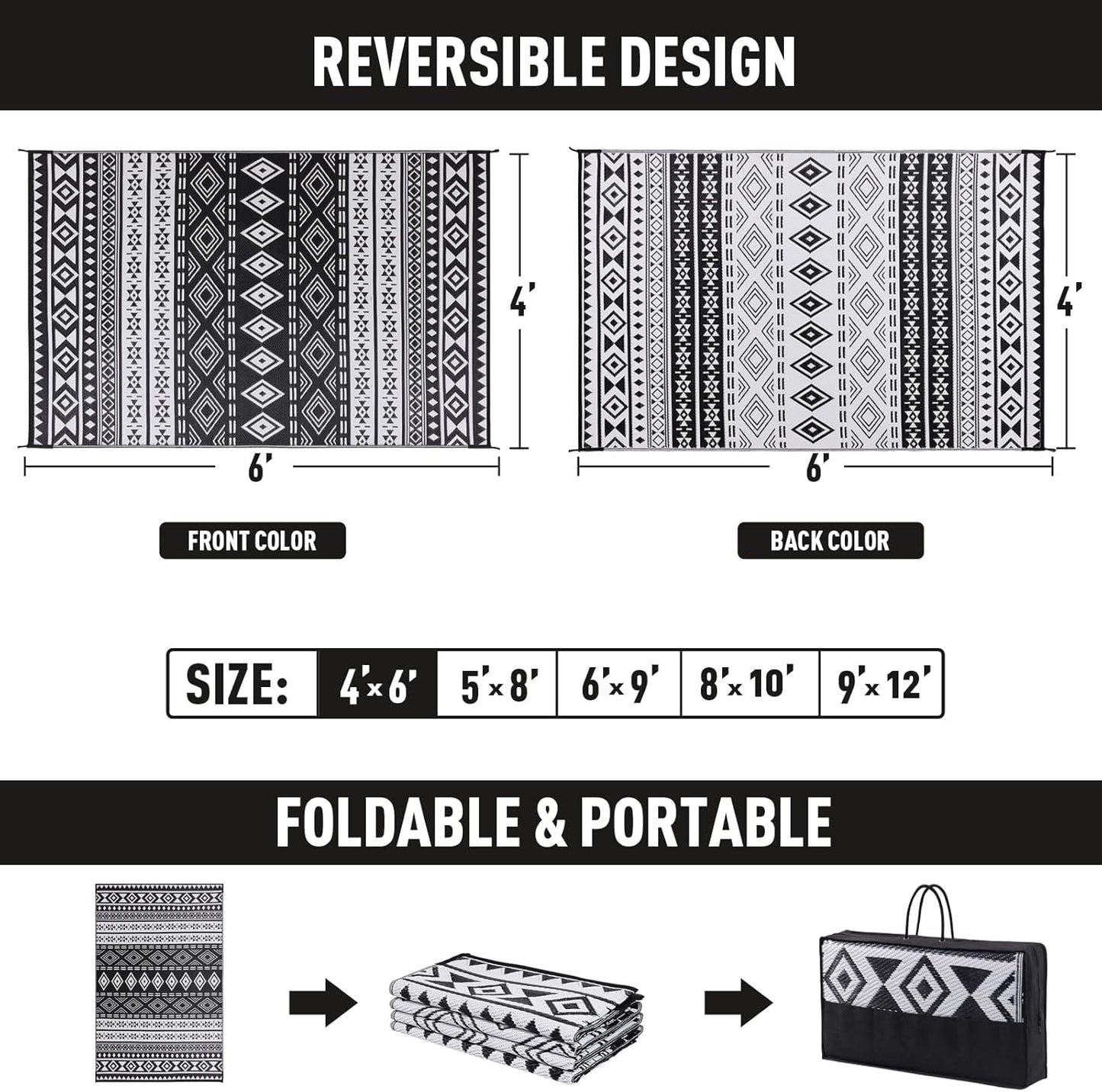 WILDROOTS 5x8 Feet Black and White Plastic Outdoor Rug, Stain Resistant Waterproof Reversible Outdoor Patio Rug, Fade Resistant Camping Rug