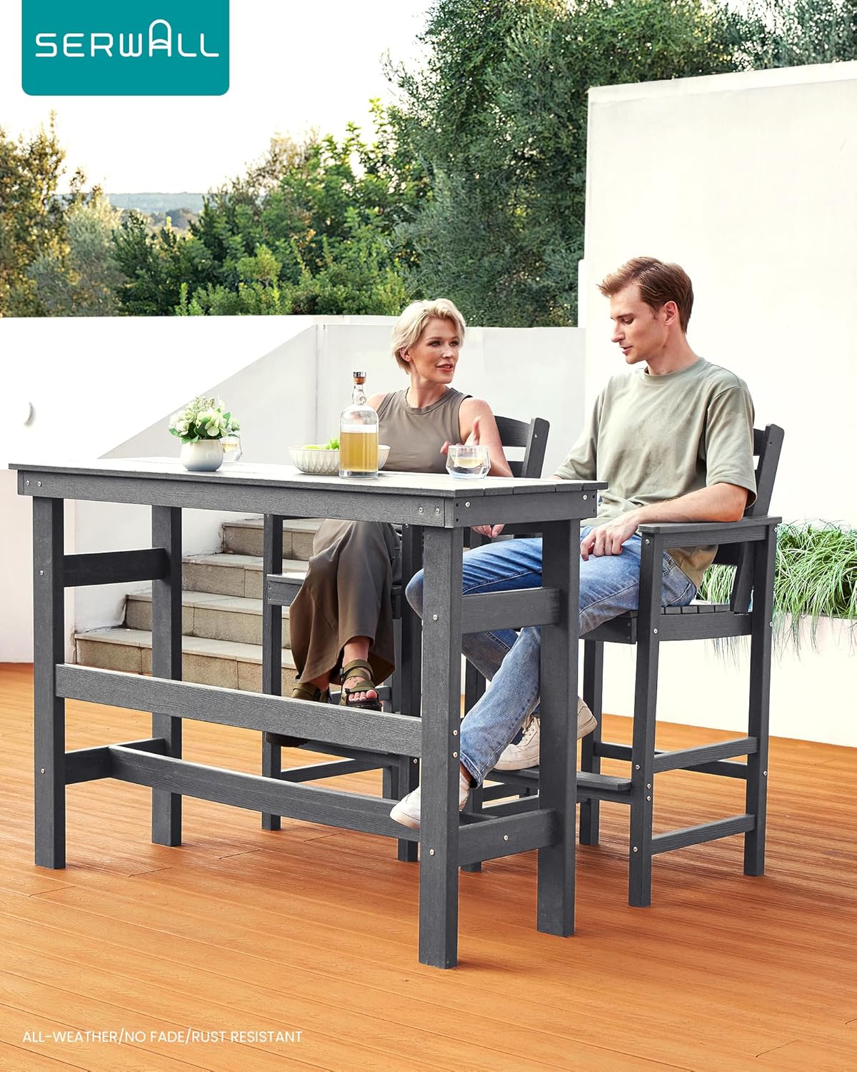 SERWALL Outdoor Bar Table and Chairs Set, Adirondack Bar Chairs Set of 2 and Bar Height Table, All Weather HDPE Outdoor Patio Bar Set, Outdoor Furniture for Outside, Poolside, Backyard, Garden, Grey