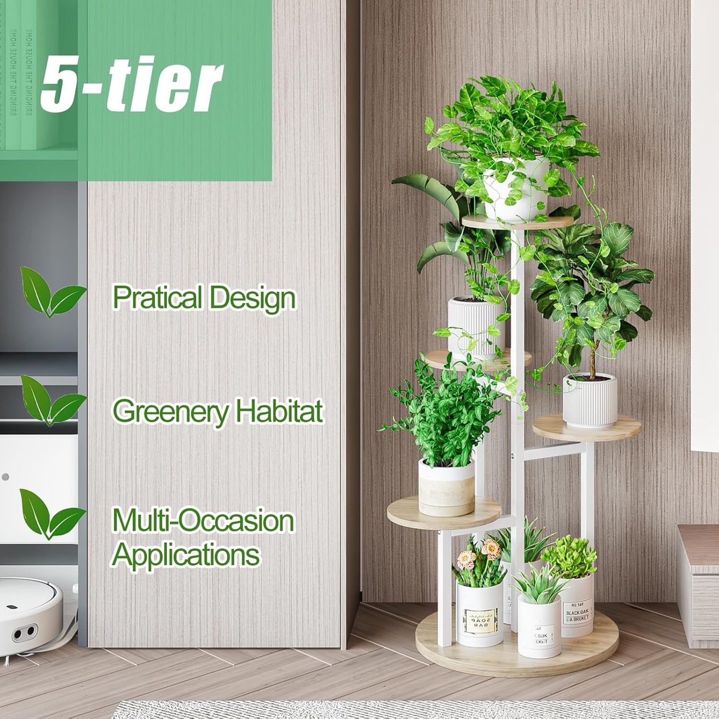 Plant Stand Indoor 5 Tier 8 Potted Multiple Flower Pot Holder for Patio Garden Balcony Living Room Corner (5 Tier White+Sonoma Oak)
