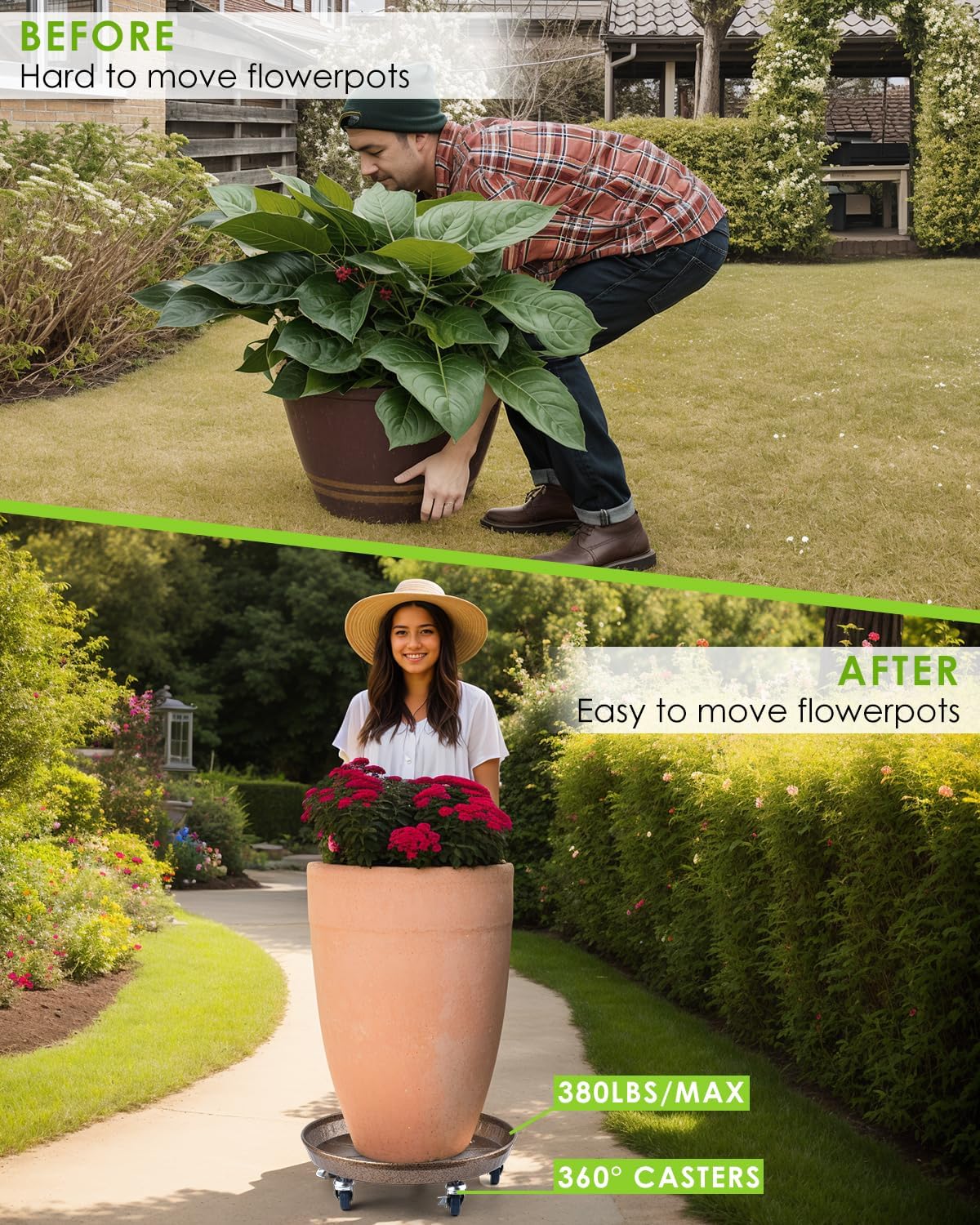 PACETAP 2Pack 14'' Large Plant Stand with Lockable Wheels, Heavy-Duty Plant Caddy with Casters for Indoor and Outdoor, Round Rolling Garden Pot Mover to Carry Potted Flower Pot