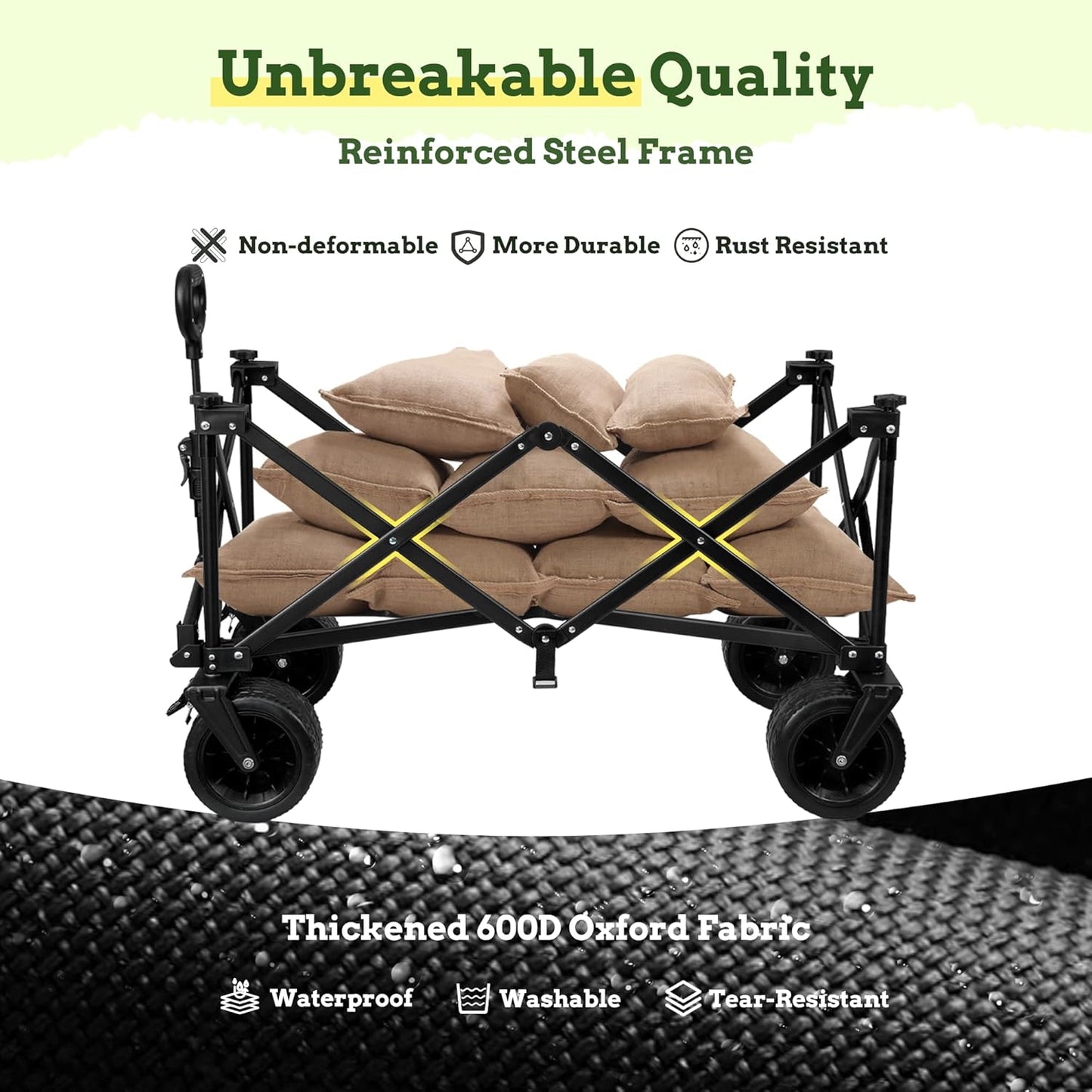 LUXCOL Collapsible Folding Wagon, Heavy Duty Utility Beach Wagon Cart for Sand with Big Wheels, Adjustable Handle&Drink Holders for Shopping, Camping,Garden and Outdoor